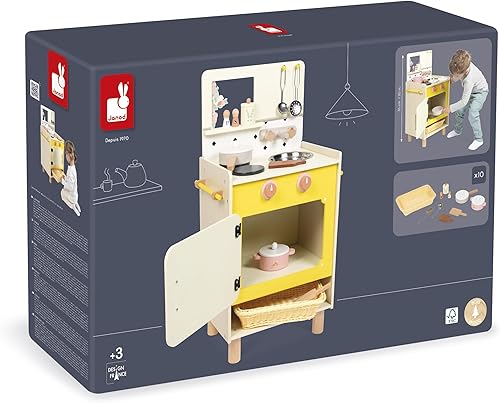Miniatura 9 de Janod - Cocina infantil de madera - Equipada con horno, fregadero y 11 accesorios incluidos - Botones de sonido giratorios - Juguete de imitación y