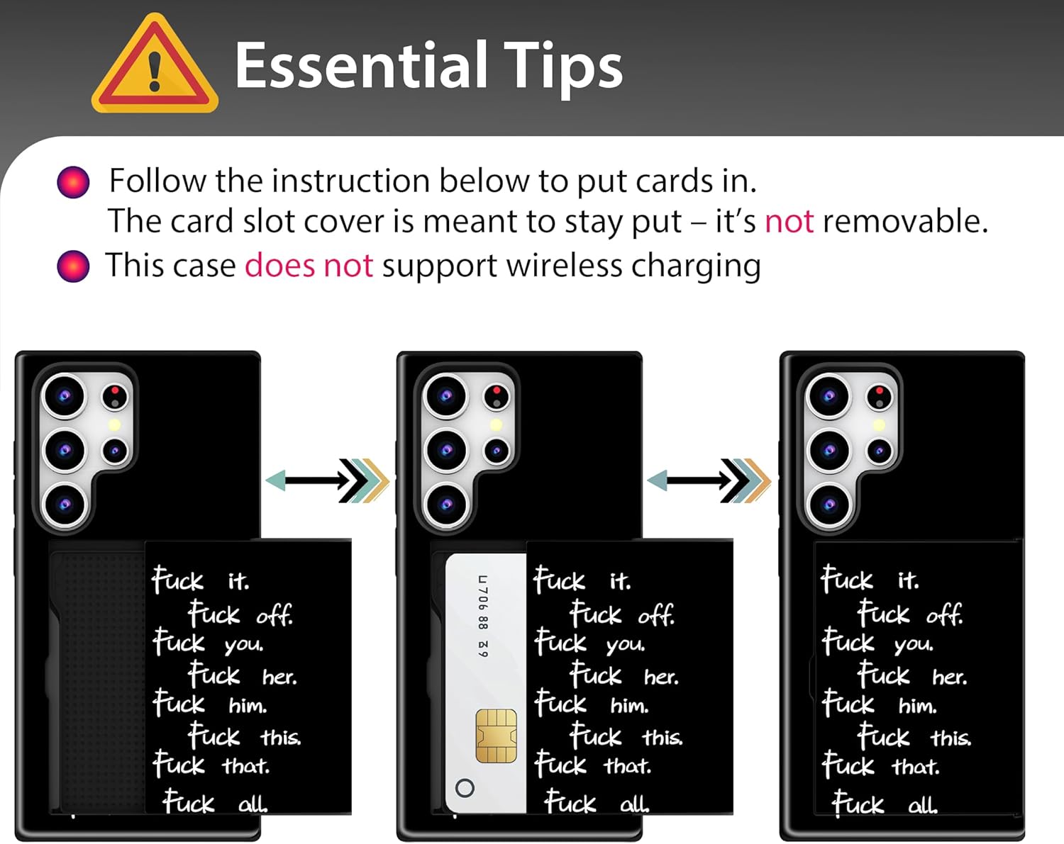 Compatible for Samsung Galaxy S25 Ultra Case with Card Holder Cute - Kawaii Design Military-Grade Drop Protection Rugged Wallet Cases for Women (Black Fuck Sayings Words) - Image 3