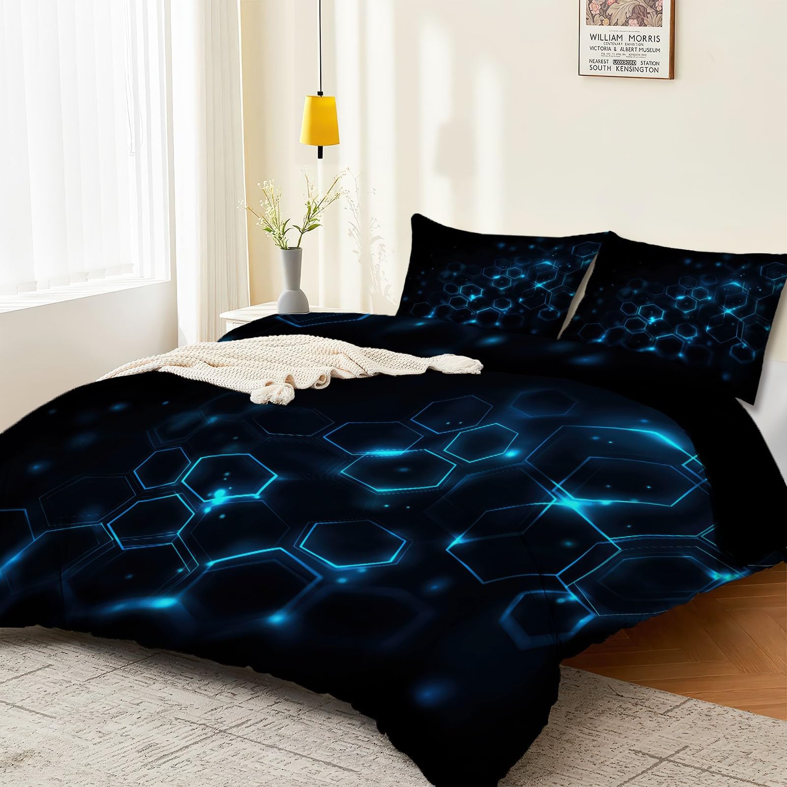Czarny 230 x 220 cm oddychający zestaw poszewek na kołdrę, abstrakcyjna geometryczna linia, sześciokąt, miękka, łatwa w pielęgnacji poszewka na kołdrę z mikrofibry, minimalistyczny zestaw pościeli