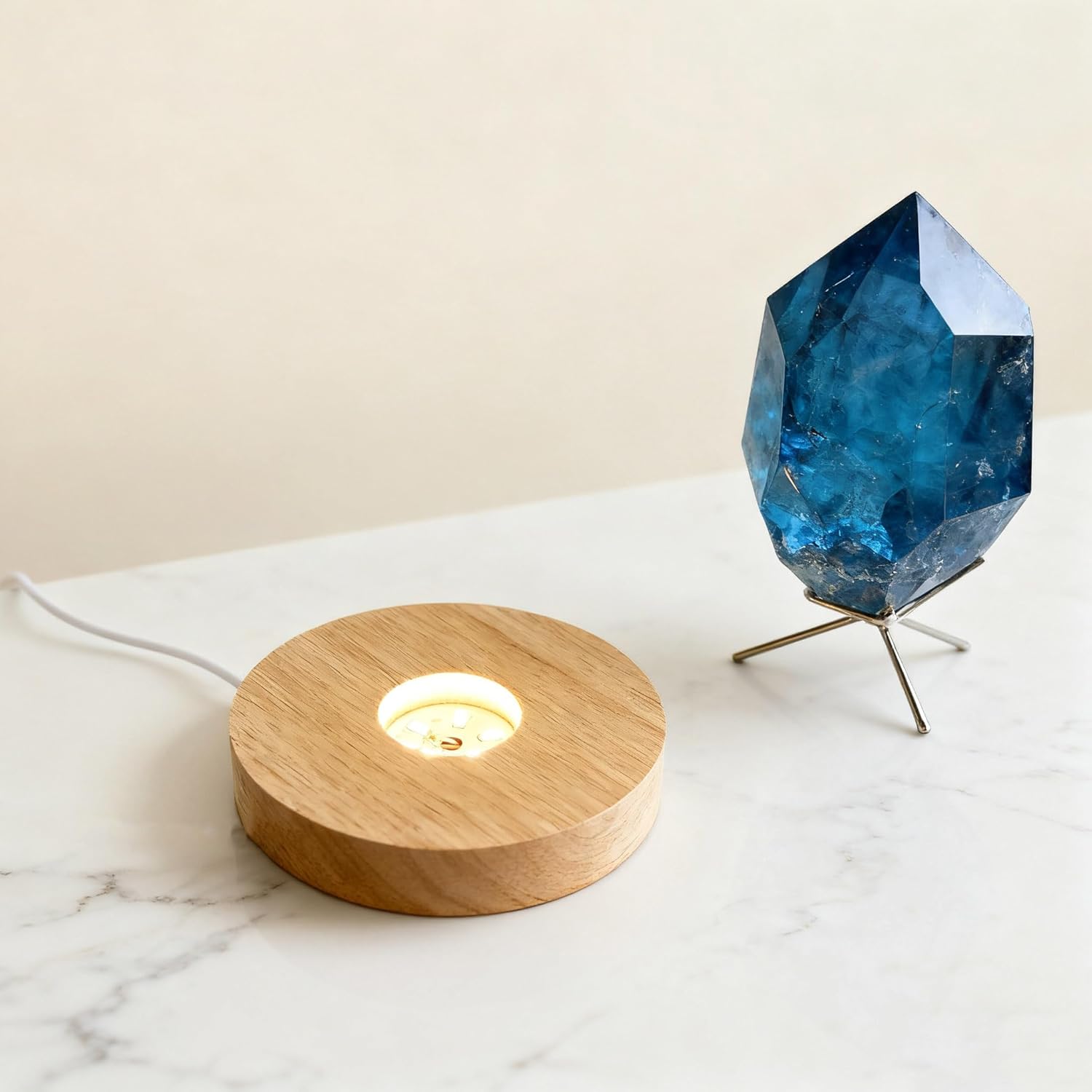 Wooden LED Light Display Base, Round Lighted Lamp Stand Desk Table Holder (with USB Cable Switch) - Warm Light Version for Crystal, Glass, Acrylic, 3D Resin Lamp Models