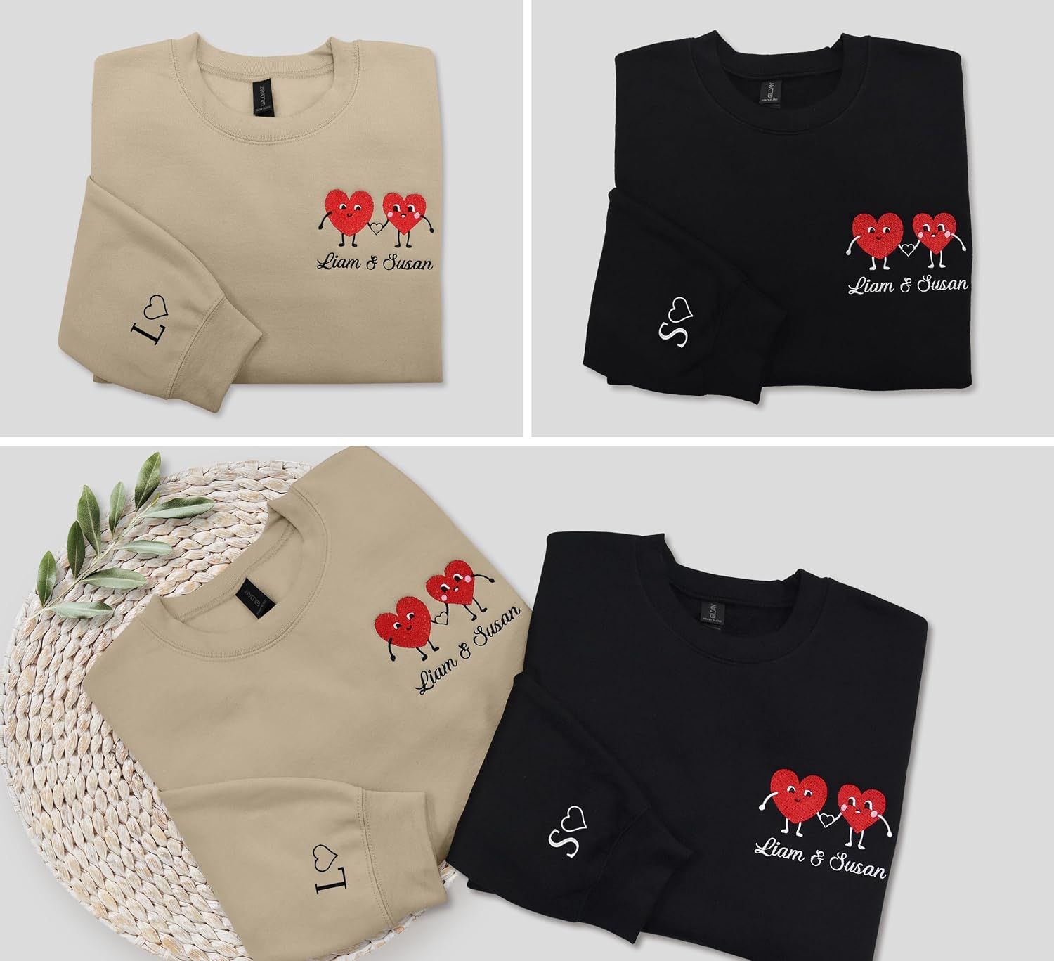 NACRE APPAREL Custom Matching Embroidered Sweatshirt Personalized Valentines Day Couples' Hoodie Add Your Name Long Sleeve
