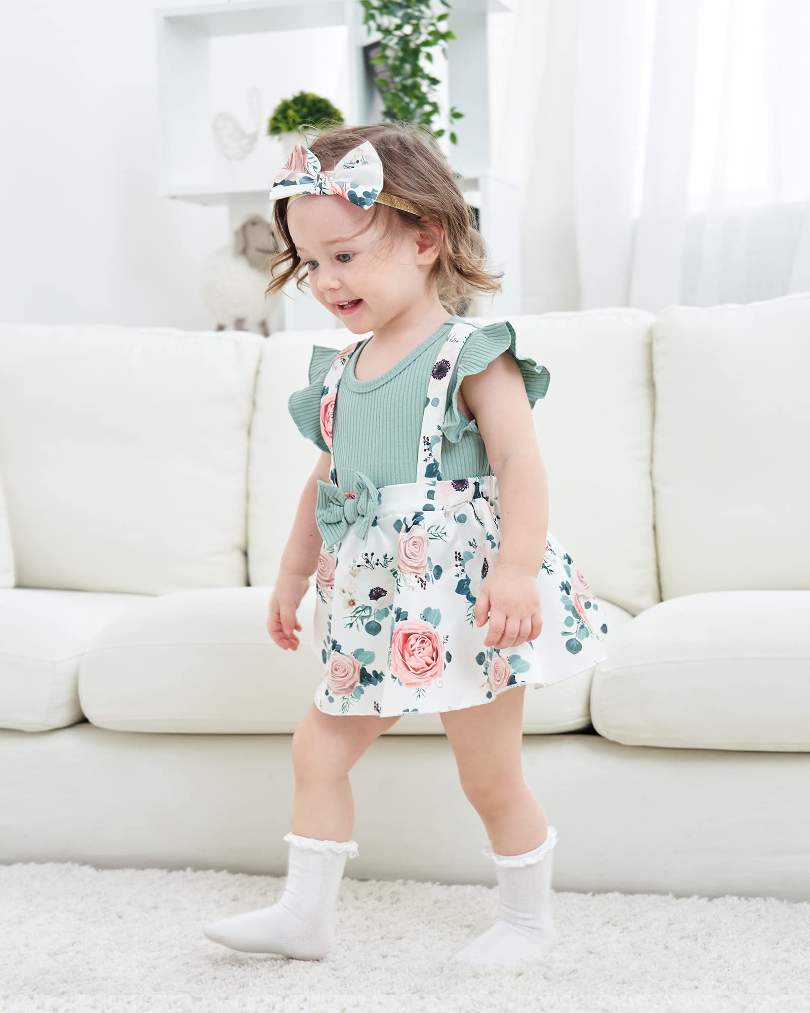 HIGHUZZA Baby Girl Clothes 12-18 Months Newborn Romper Summer Dress Infant Outfits Fly Sleeve Floral Clothing Suspender Headband Overall Skirt Set Green