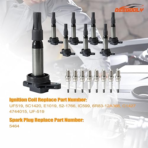 Miniatura 3 de Paquete de 8 bobinas de encendido UF519 y bujías de iridio BKR5ES-11 compatibles con Land Rover Range Rover 2006-2009 LR3 Jaguar XF XJ8 XJR XK XK8