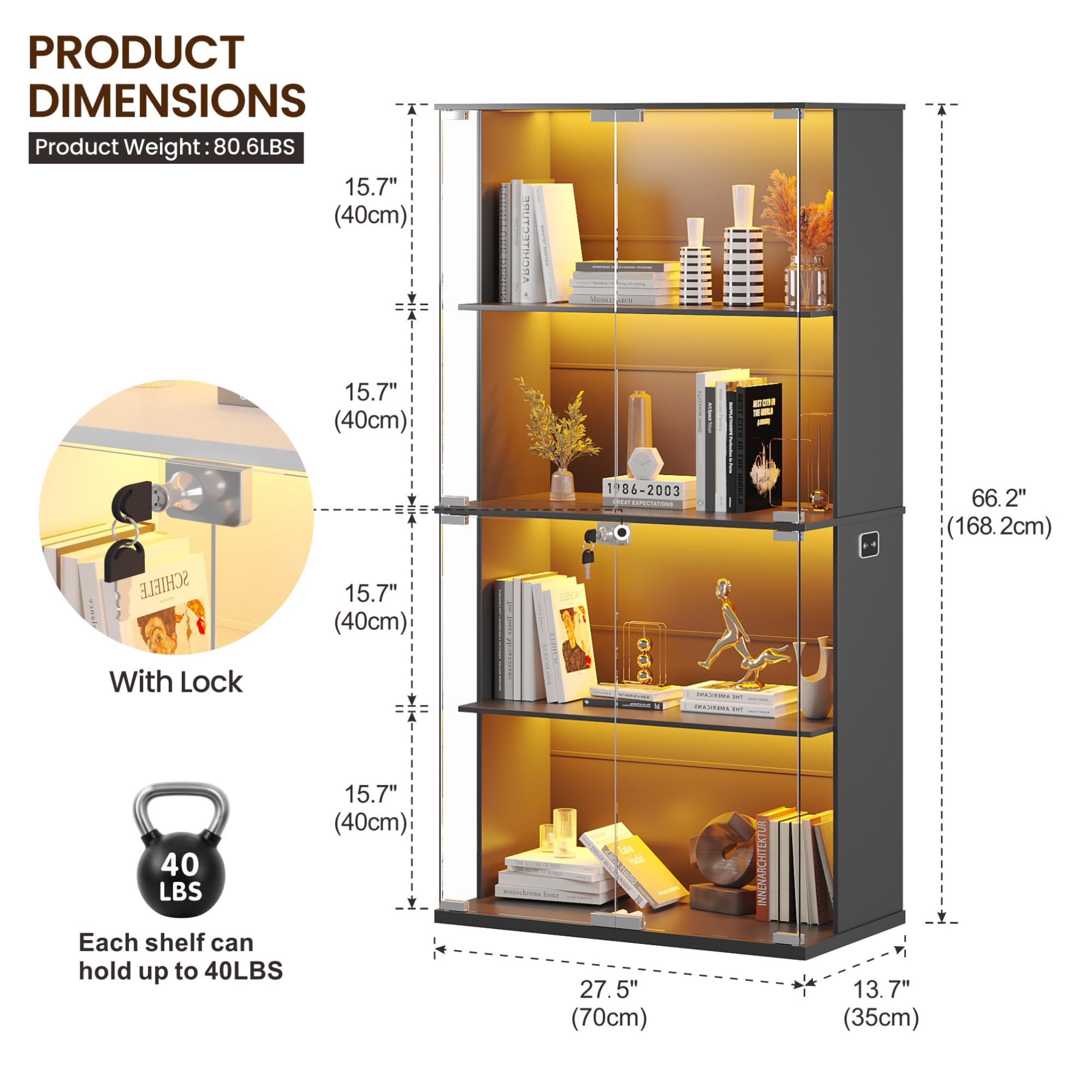 Lvifur Vitrine mit LED Beleuchtung und Glastüren für Sammlerstücke,Wein,35×70×168cm 4-Lagen Glasvitrine Vitrinenschrank mit Intelligente Sensorik für Wohnzimmer Schlafzimmer,Schwarz