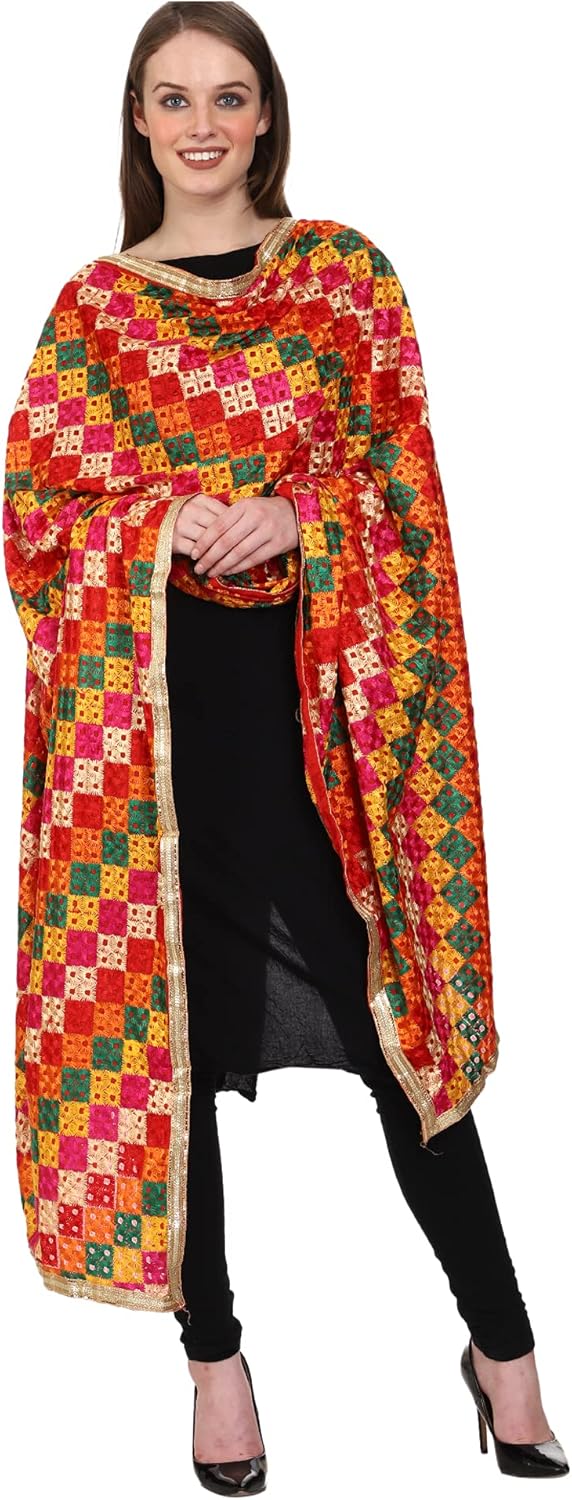 Women's Embroidered Phulkari Chiffon Dupatta Free Multicolour - Image 4
