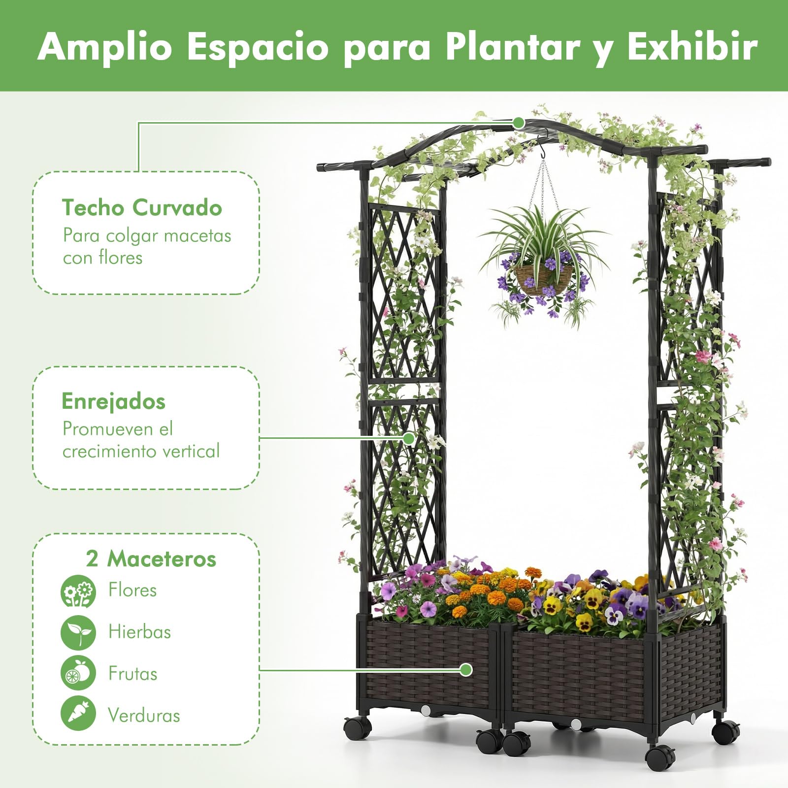 RELAX4LIFE Arco de Jardín con 2 Macetas, Jardineras con Arco Superior, Enrejado para Plantas Trepadoras con Ruedas, Sistema de Auto-Riego, para Flores, Hierbas Aromáticas y Plantas Trepadoras