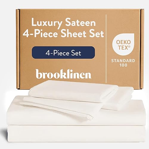 Brooklinen Luxury Sateen 4 Piece Sheet Set - 100% Cotton Bed Sheets, Soft & Durable Queen Size Sheets Set in Cream, Oeko-TEX Certified Bedding Set, 1 Fitted Sheet, 1 Flat Sheet, 2 Pillowcases