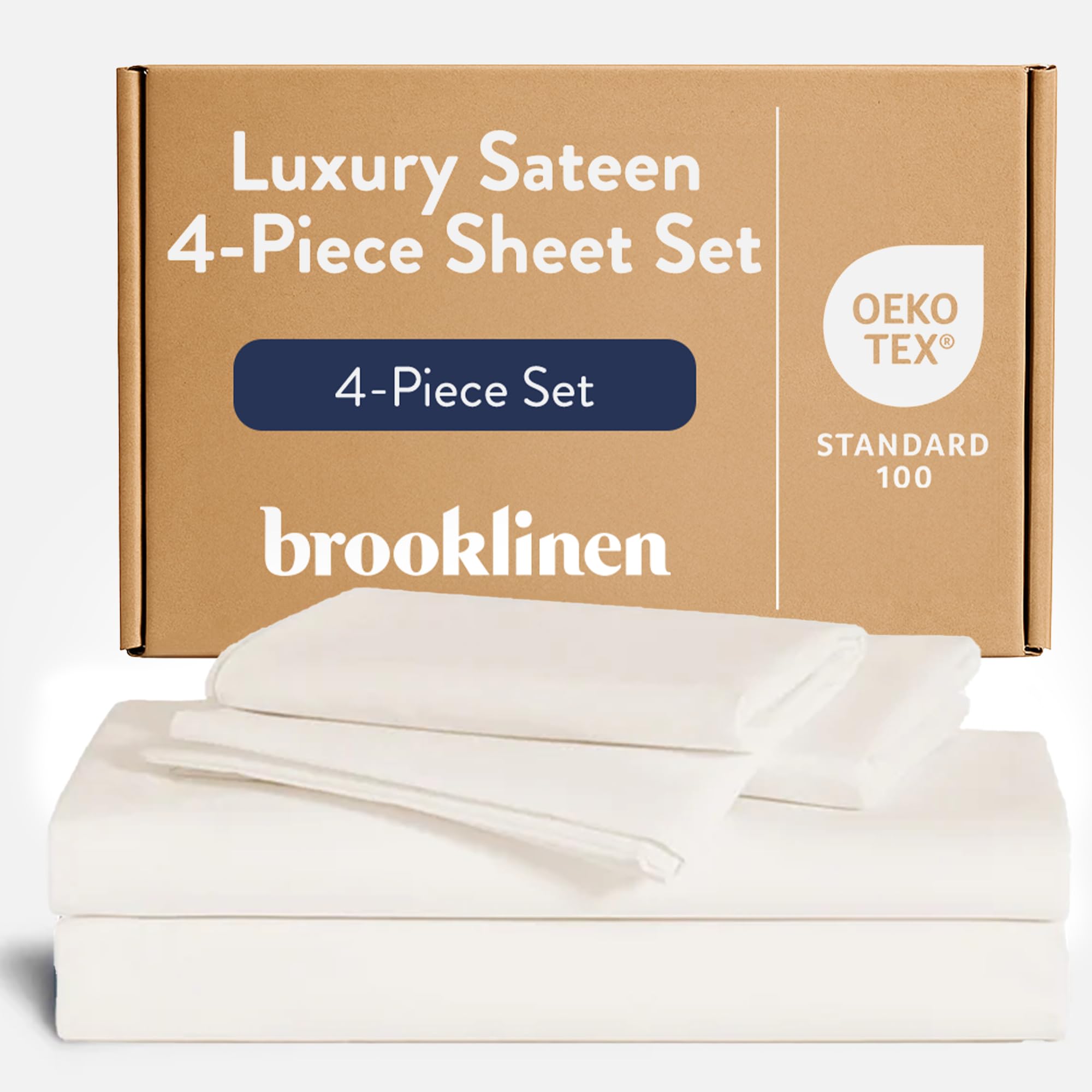Brooklinen Luxury Sateen 4 Piece King Size Sheets Set in Cream - 100% Cotton Sateen Sheets - 1 Fitted Sheet, 1 Flat Sheet, 2 Pillowcases