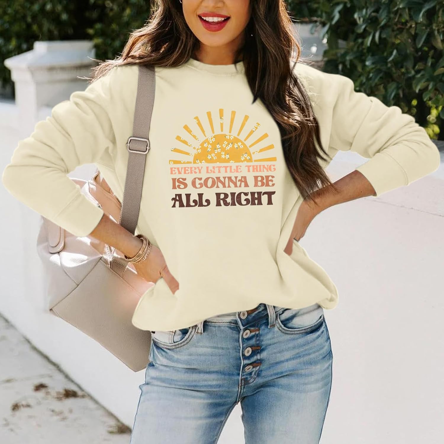 Vintage Graphic Sweatshirts For Women Every Little Thing Is Gonna Be Alright Long Sleeve Shirt Inspirational Hoodies - Image 3