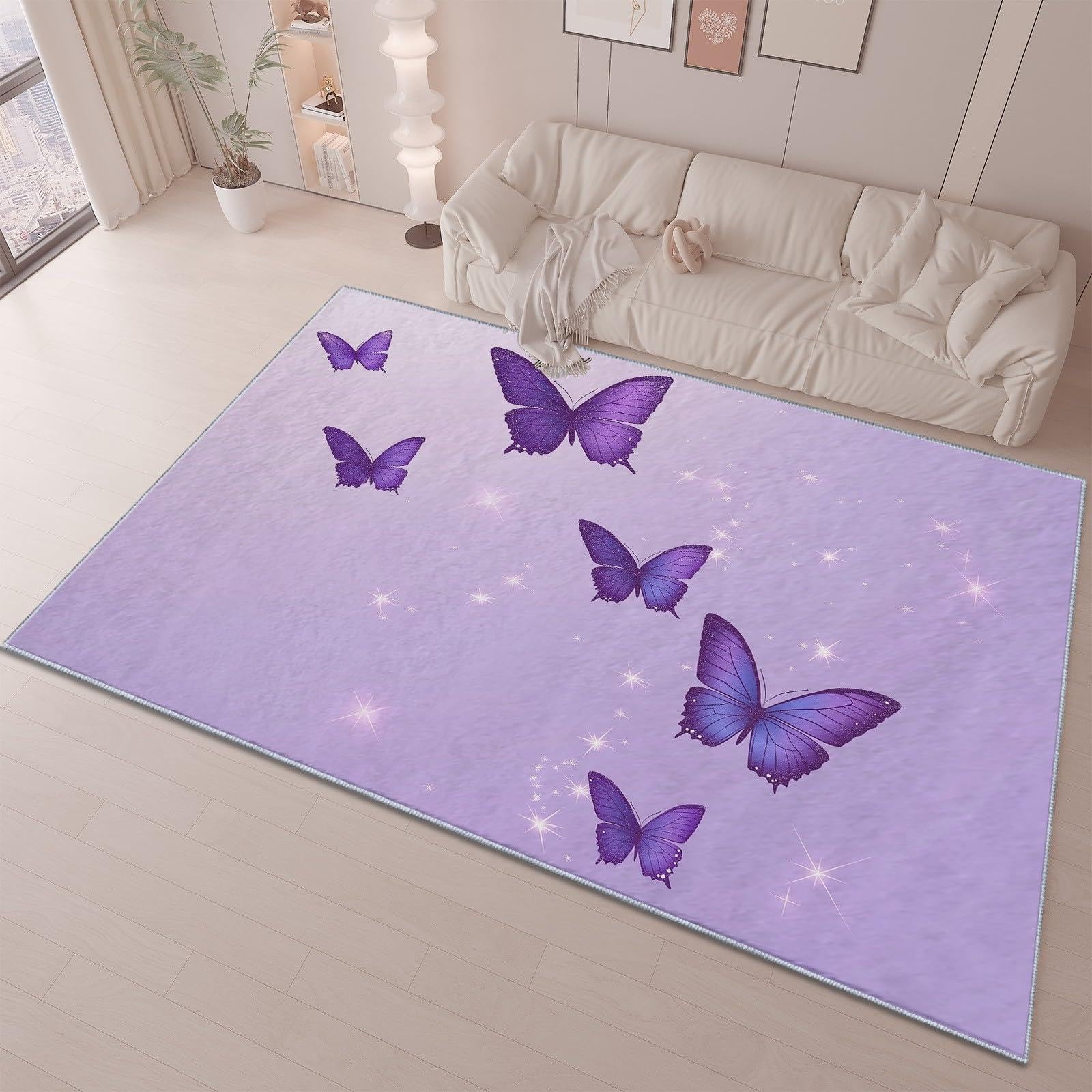 Alfombra Antideslizante Mariposa Morada Alfombra Habitación Infantil, Moderna Alfombra Lavable, Suave Alfombras de Pelo Corto para Salón, Dormitorio de Niña 100 x 200 cm