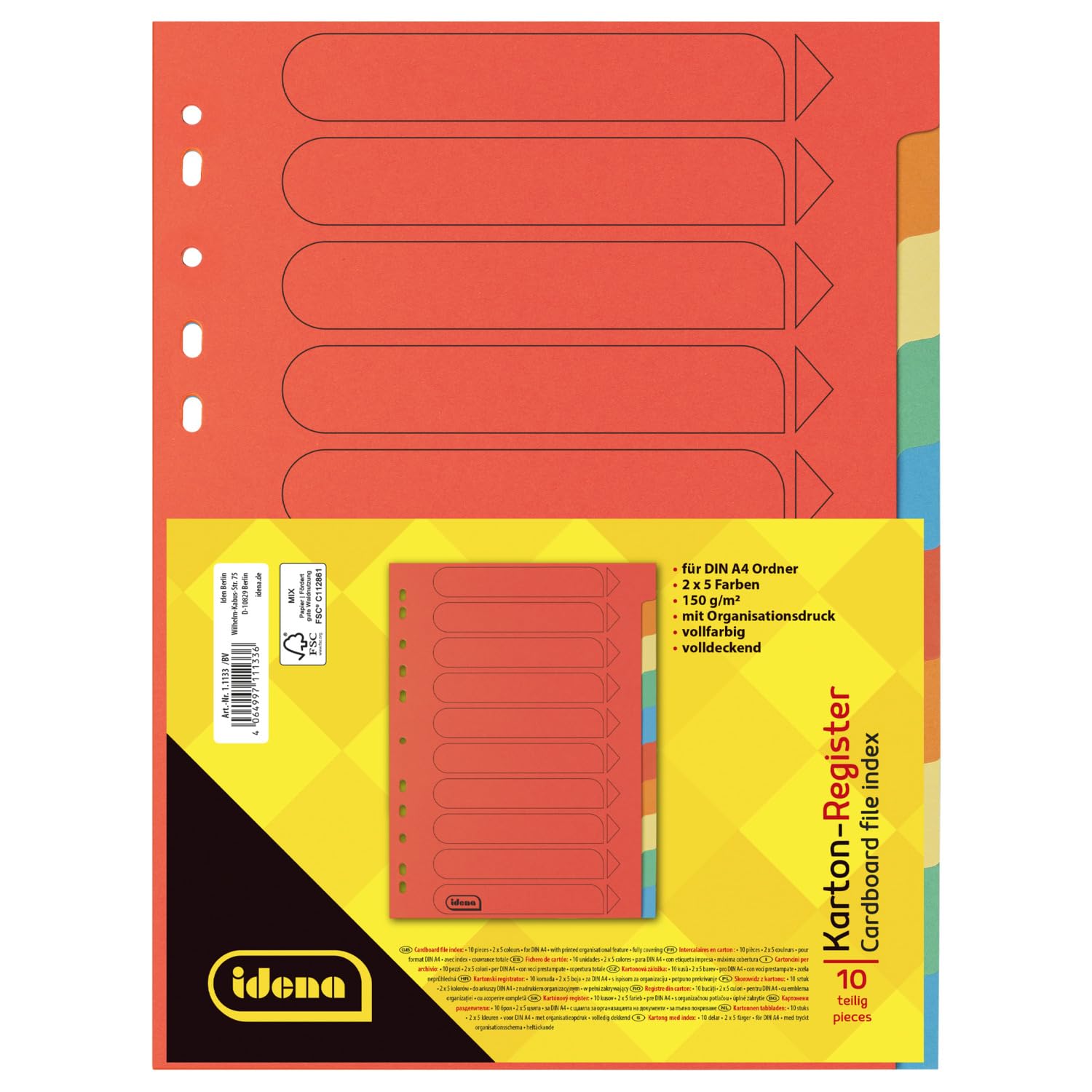 Idena 11133 Cardboard Index for DIN A4 Documents, 22.5 x 30 cm, 10 Full-Colour Dividers in 10 Colours, 150 g/m², Organiser with Euro Holes and Organisational Print