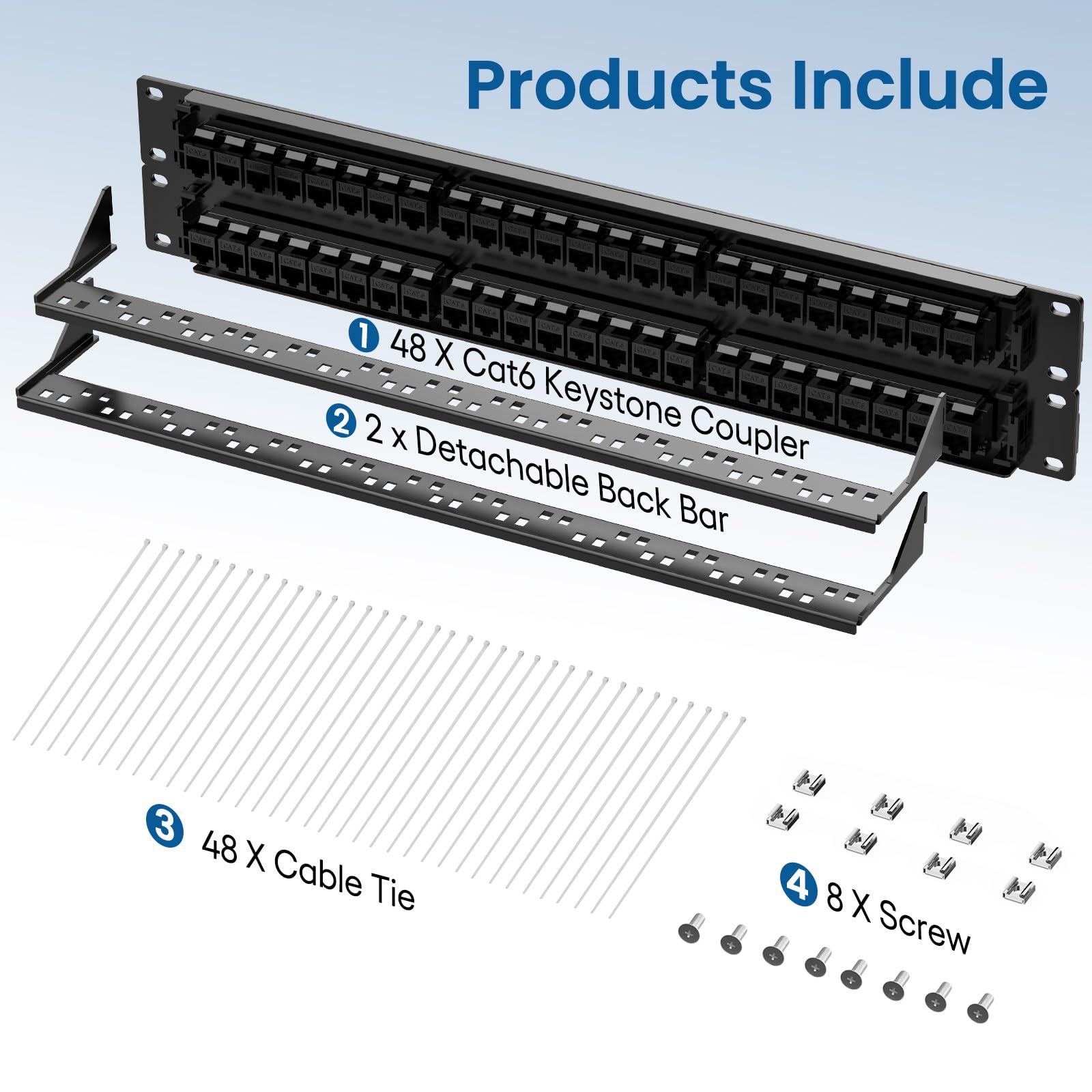 CableGeeker Patch Panel a 48 porte, pannello patch Cat6 con supporto Keystone in linea RJ45 pass-thru 10G, pannello patch di rete 1U UTP da 48 pollici con barra posteriore rimovibile, compatibile con