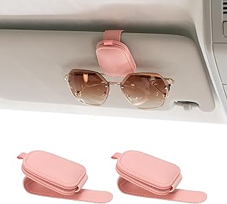 Yuoyar Sunglass Holder for Car, Magnetic Leather Sunglasses Holder and Ticket Card Clip, Car Visor Accessories, 2 Packs (Pink)