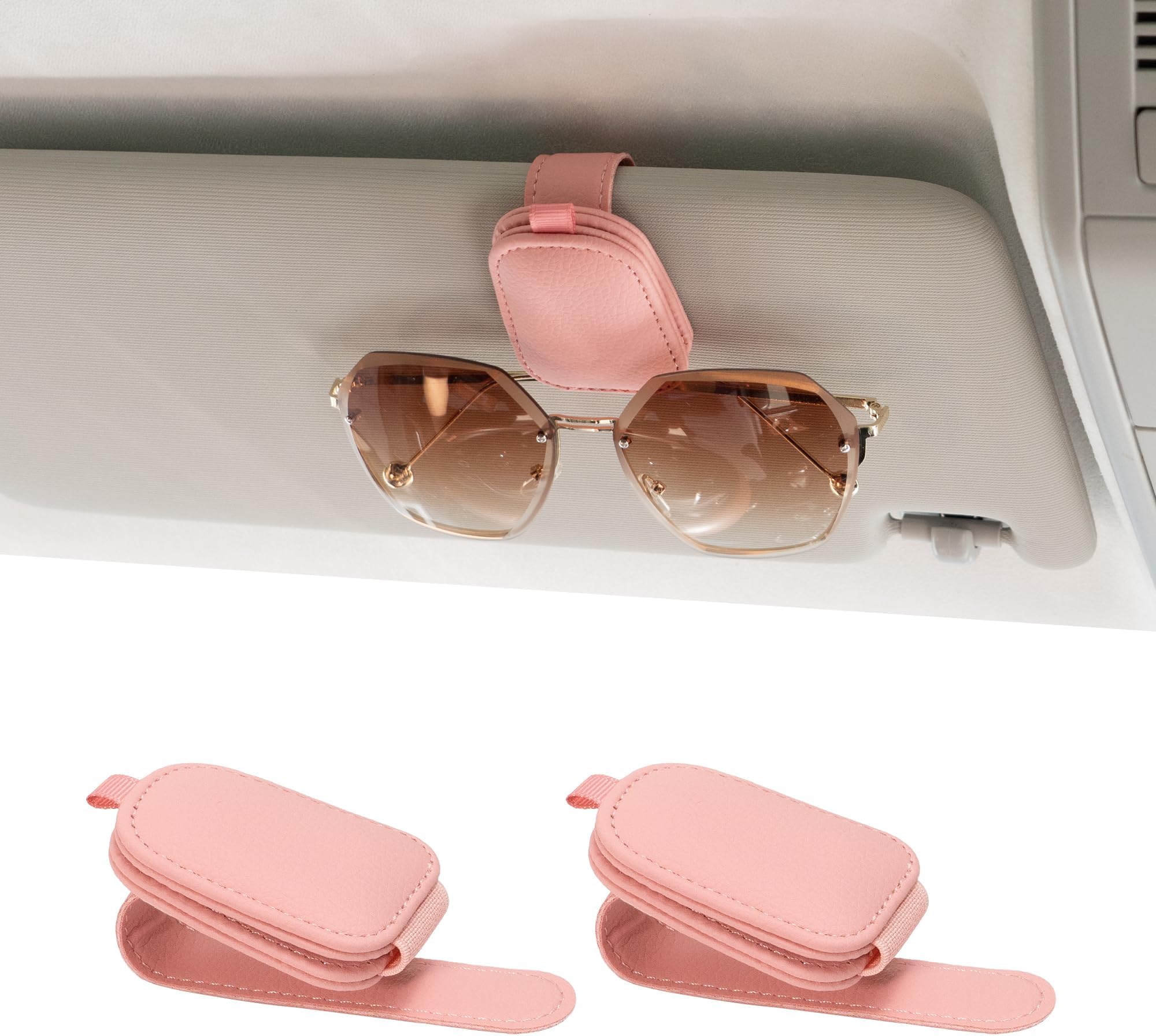 Yuoyar Sunglass Holder for Car, Magnetic Leather Sunglasses Holder and Ticket Card Clip, Car Visor Accessories, 2 Packs (Pink)
