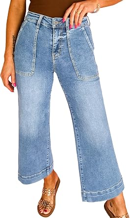 Astylish Womens 2026 Stretchy Wide Leg High Waisted Jeans Tummy Control Casual Cropped Ankle Denim Pants