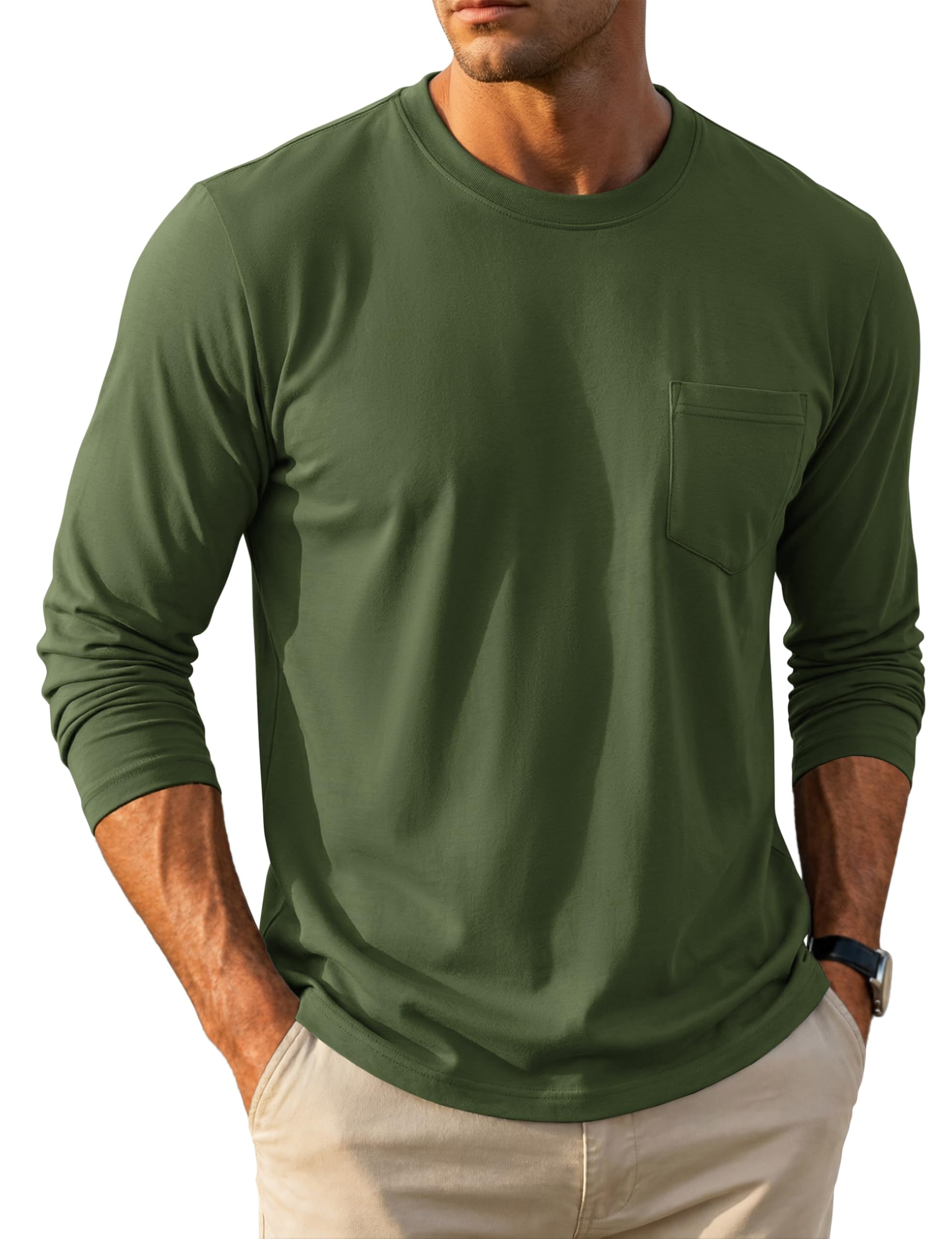 MAGCOMSEN Langarmshirt Herren Longsleeve Shirt Langarm Baumwolle Atmungsaktive Tshirt mit Tasche Freizeit Basic Rundhals