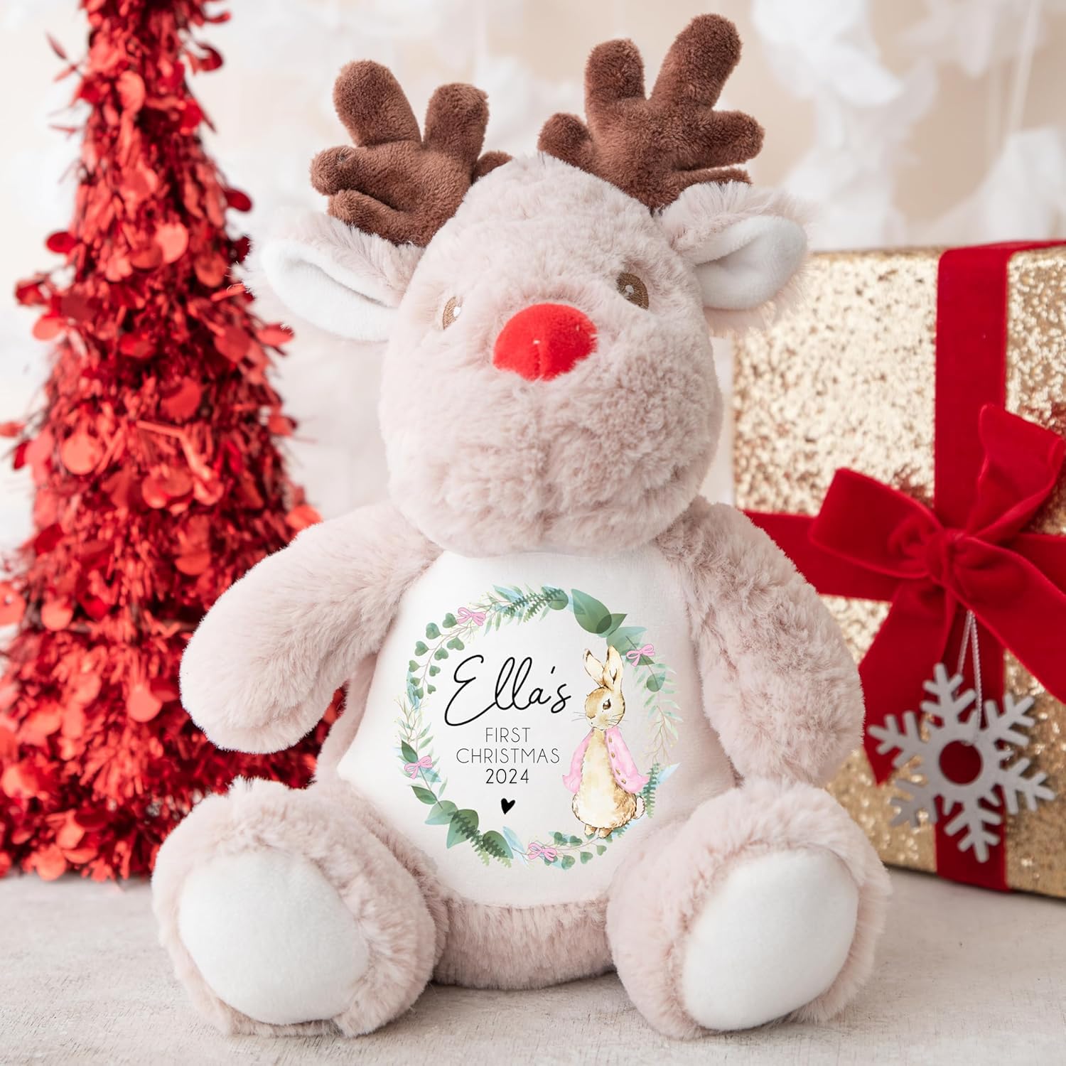 Personalised Christmas Teddy | Babys 1st Christmas Teddy | Personalised Reindeer | Baby’s 1st Christmas Gift, First Christmas Teddy Bear, Baby’s 1st Christmas Gift (Pink Bunny)