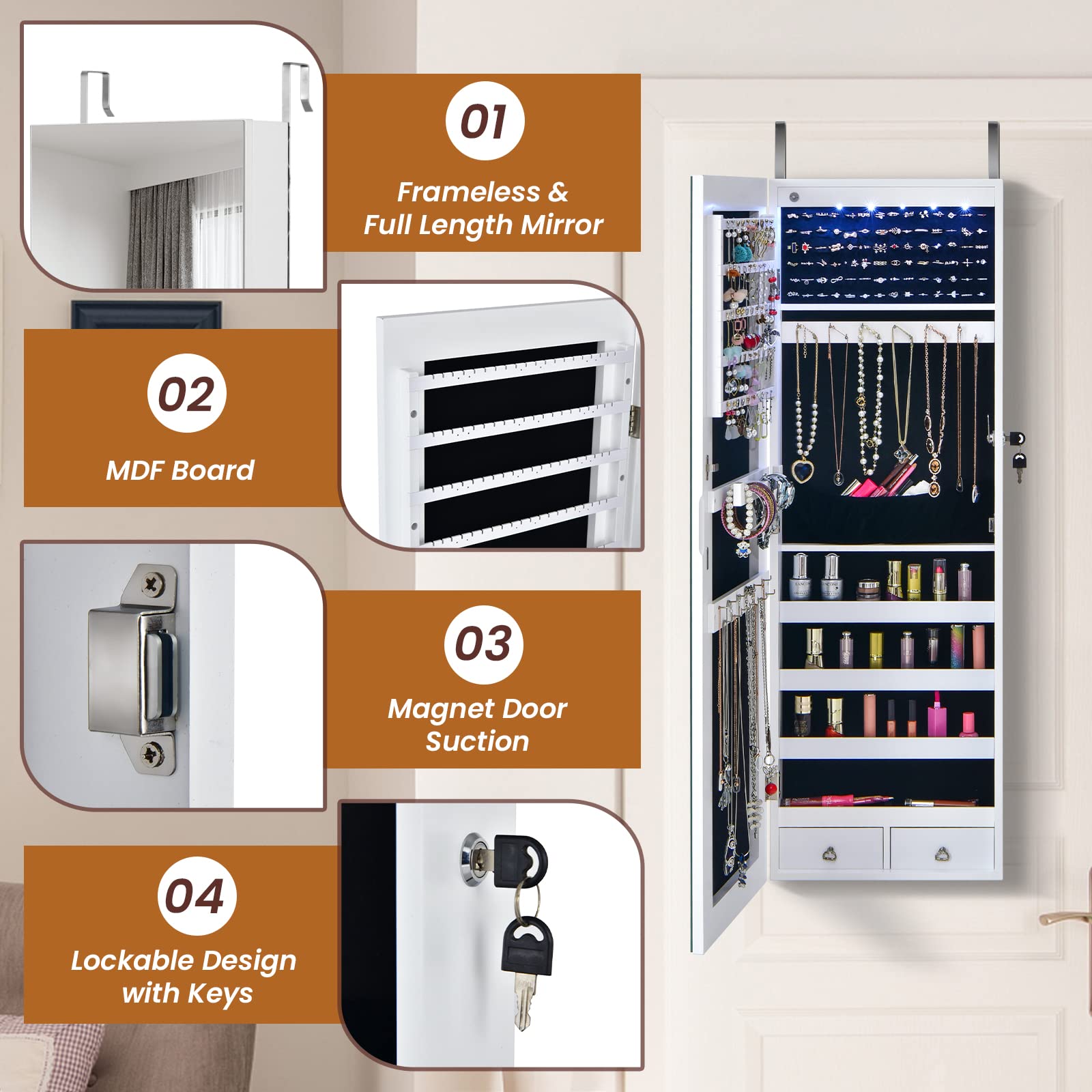 RELAX4LIFE Schmuckschrank hängend, Spiegelschrank mit 2 Schubladen & 6 LEDs & Schloss, Schmuckorganizer für Ohrringe & Armband & Kette & Ringe & Kosmetik, Beleuchtungen, Tür- & Wandmontage (Weiß)