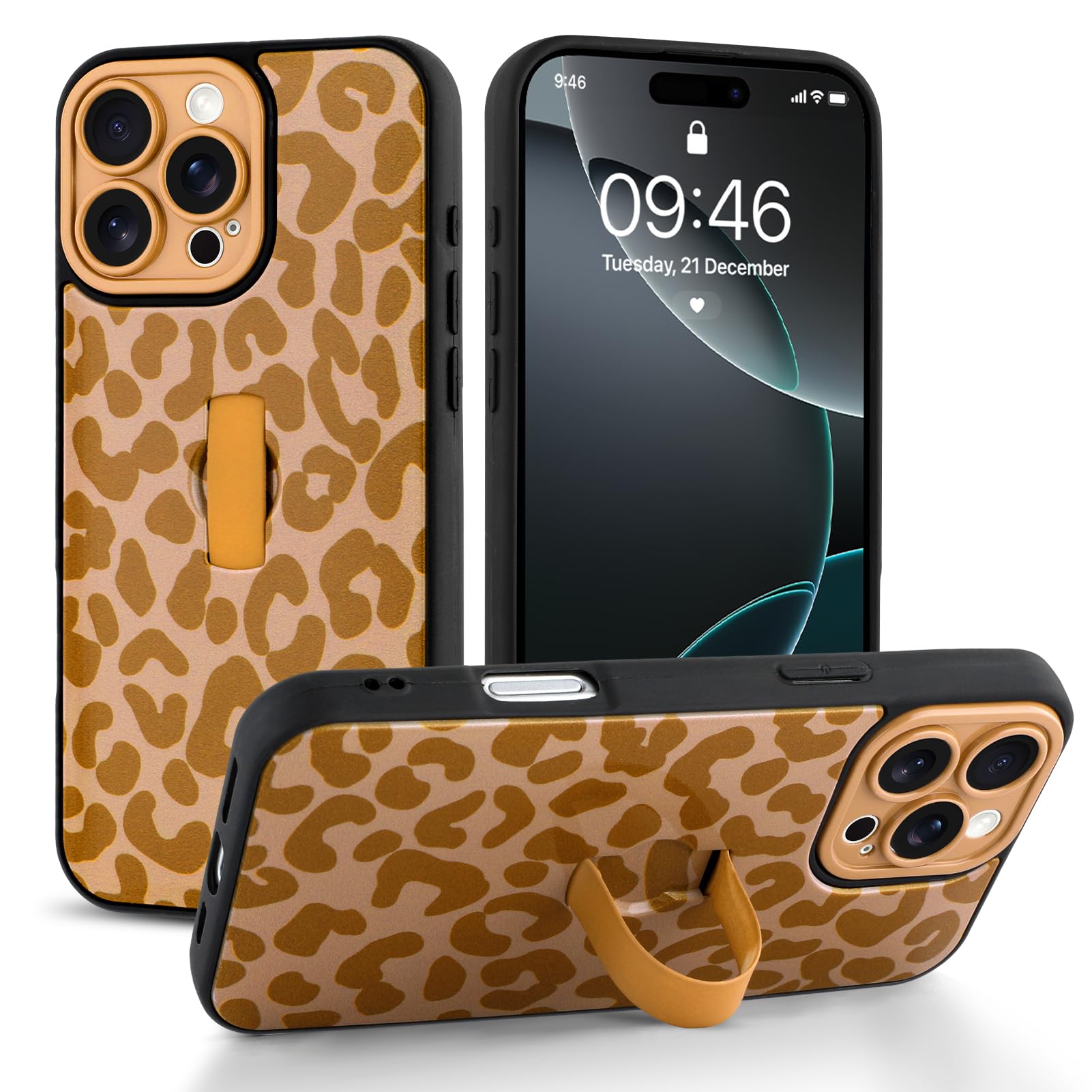 Jefonha Compatible with iPhone 16 Pro Max Case with Finger Hand Strap Kickstand, Trendy Cool Leopard Cheetah Print Phone Case for Women Men, Full