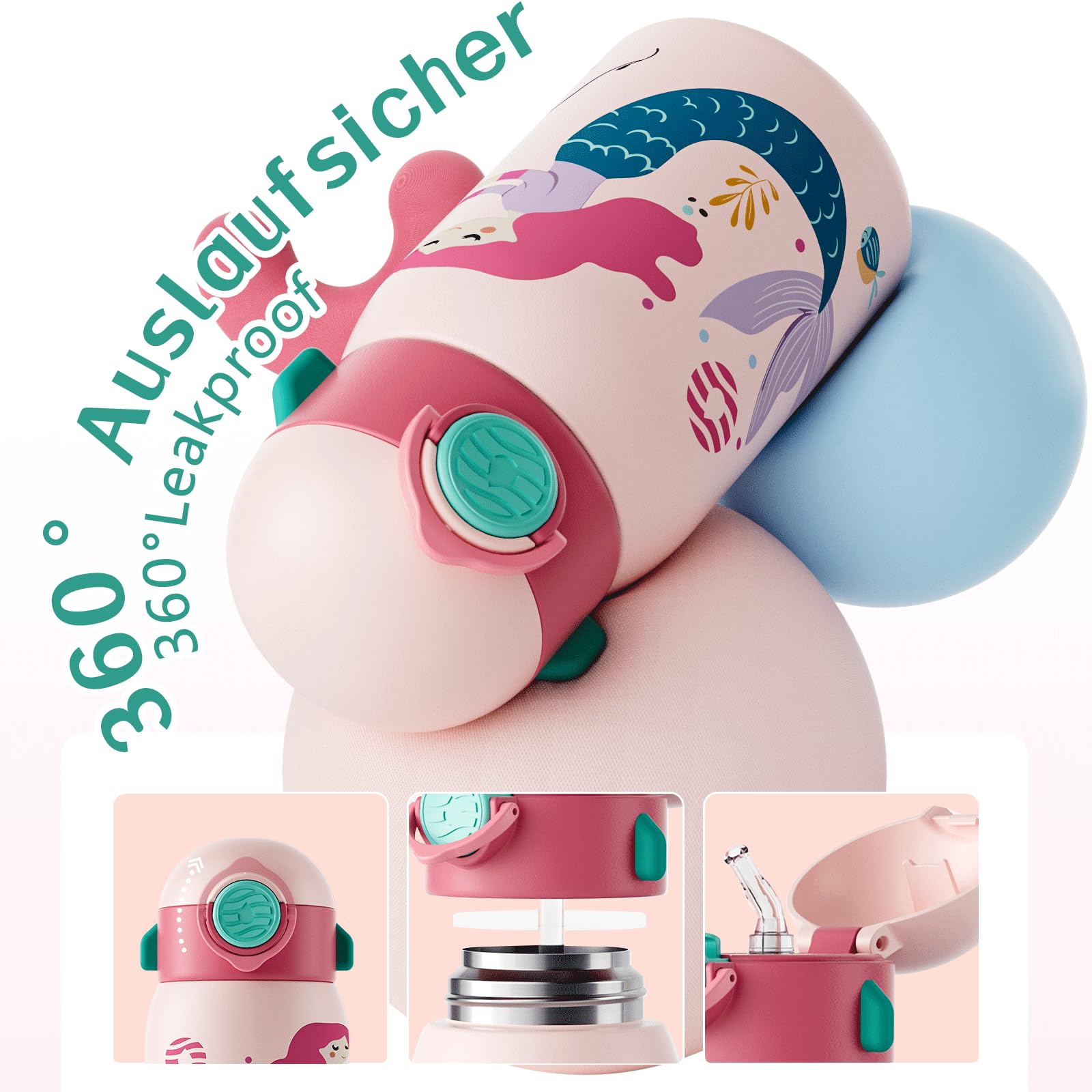 Fjbottle Botella de Agua Acero Inoxidable para Niños 400ml + Funda, Sin Fugas/Sin bpa Botella termica con Pajita para la Escuela y Deportes