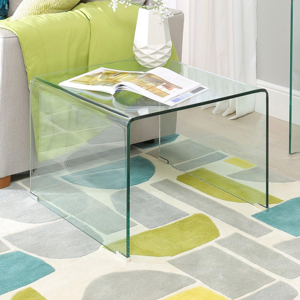 The Furniture Market Geo Glass Square Side Lamp Table – Modern, Sleek Side Table with Clear Glass and Minimalist Design for Living Room, Bedroom, or Office - H 480mm x W 600mm x D 600mm