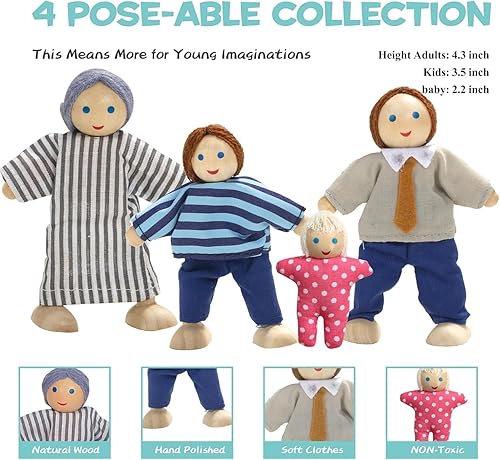 Miniatura 3 de Giant bean Juego de muebles de casa de muñecas de madera de 36 piezas, 5 habitaciones y 4 muñecas familiares, accesorios de madera y plástico azul,