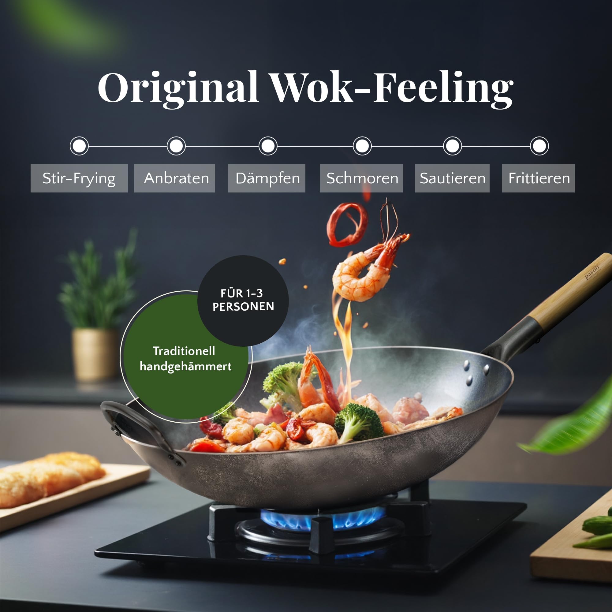 pasoli Wok traditionnel | Fond plat | Pour cuisinière (y compris induction) | 30 cm de diamètre | en acier au carbone martelé à la main | Poignée en bois | Revêtement anti-adhésif naturel