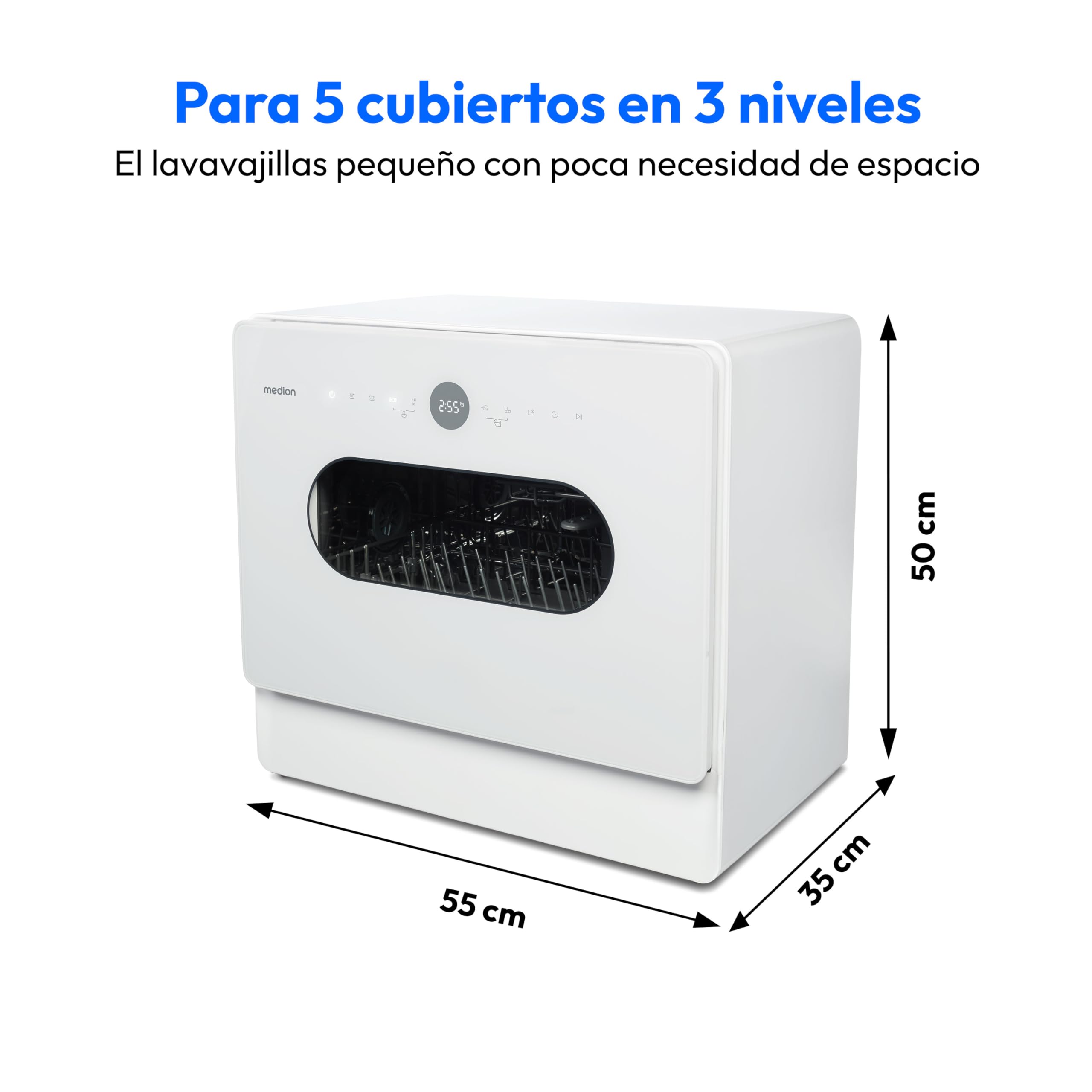 MEDION Mini Lavavajillas DWT51 (Lavavajillas de sobremesa con panel de control táctil, función cubo, 5 cubiertos, funciona con/sin toma de agua, 7 programas de limpieza