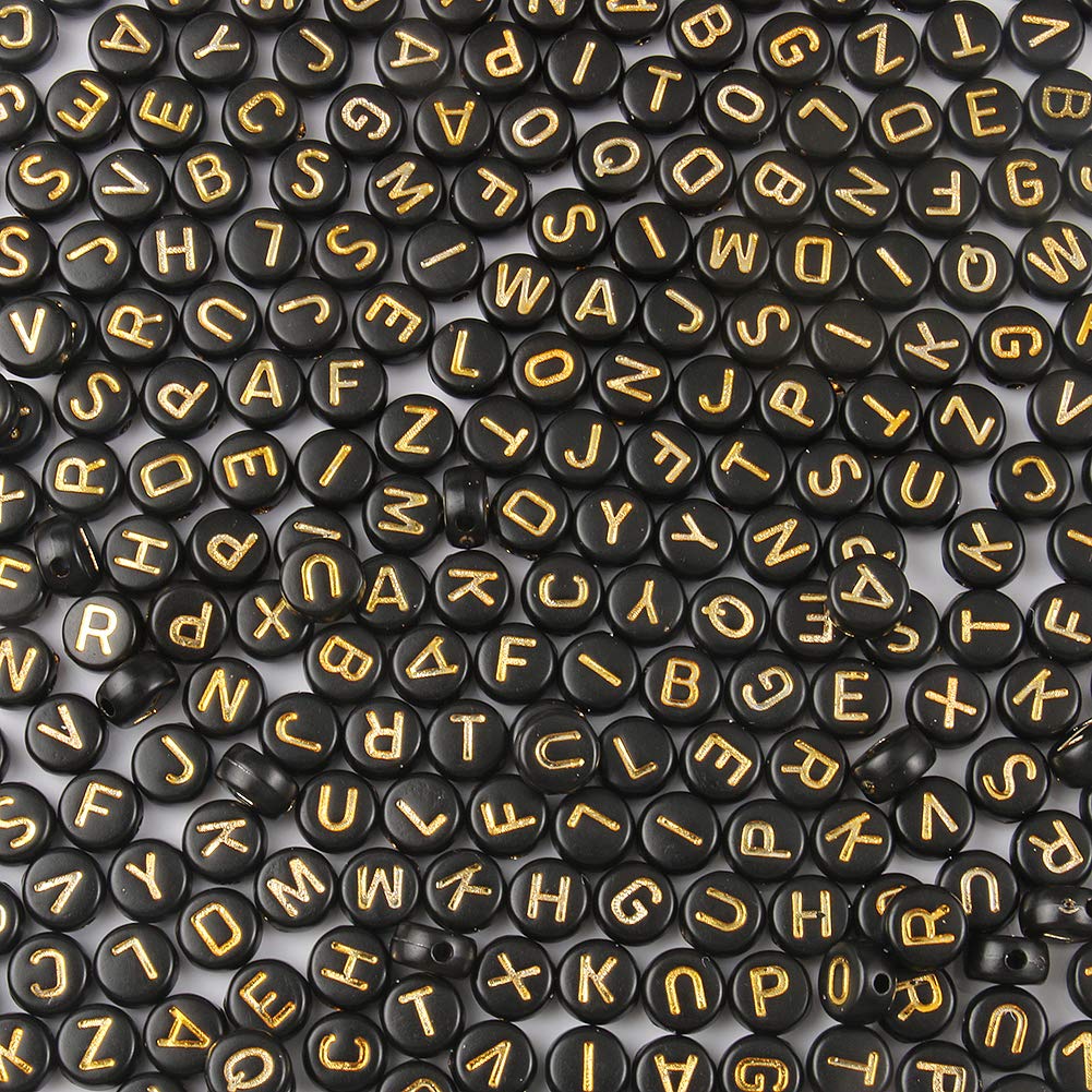 Acrylic Letter Beads Alphabet Gold Letters Black Round Bead, 4×7mm 1200pcs, for Friendship...