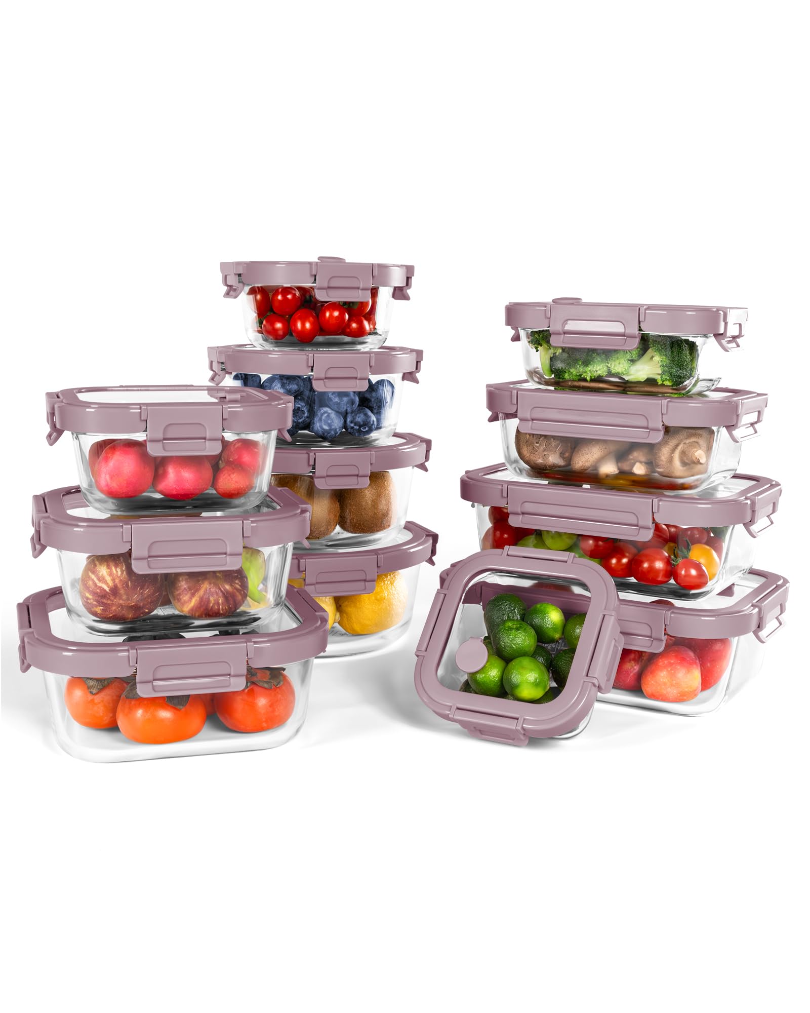 BOROHOUSE 12-Pack Glass Containers with Tempered Glass Lids - High Borosilicate Meal Prep Containers, Airtight & Stackable - Microwave, Oven & Freezer Safe -20℃~510℃（Pink）