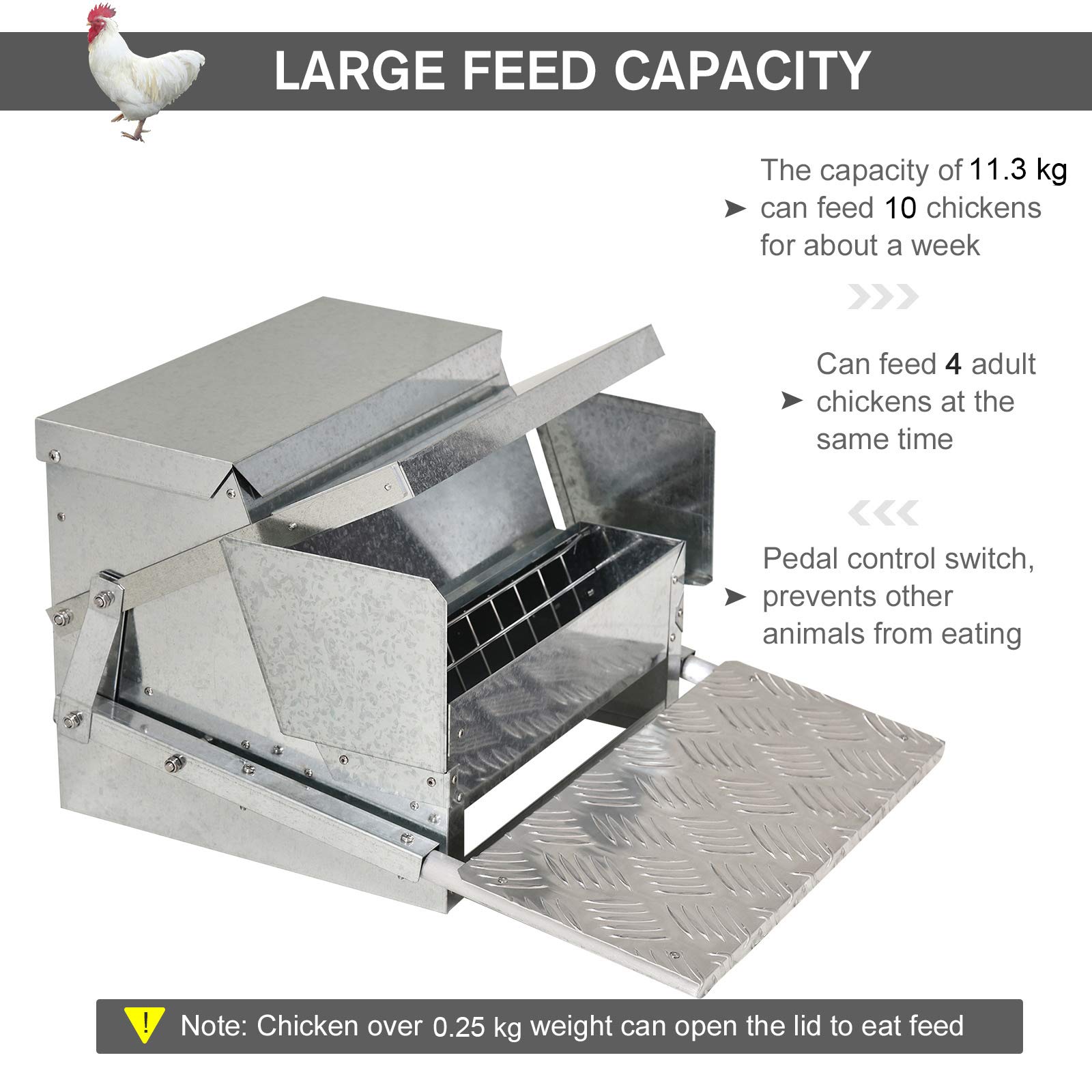 Pawhut - Comedero para Aves, Alimentador Automático de Aves de Corral de Pollo de 11,5 kg de Capacidad, con Construcción de Acero Galvanizado y Aluminio, Diseño Resistente a la Intemperie