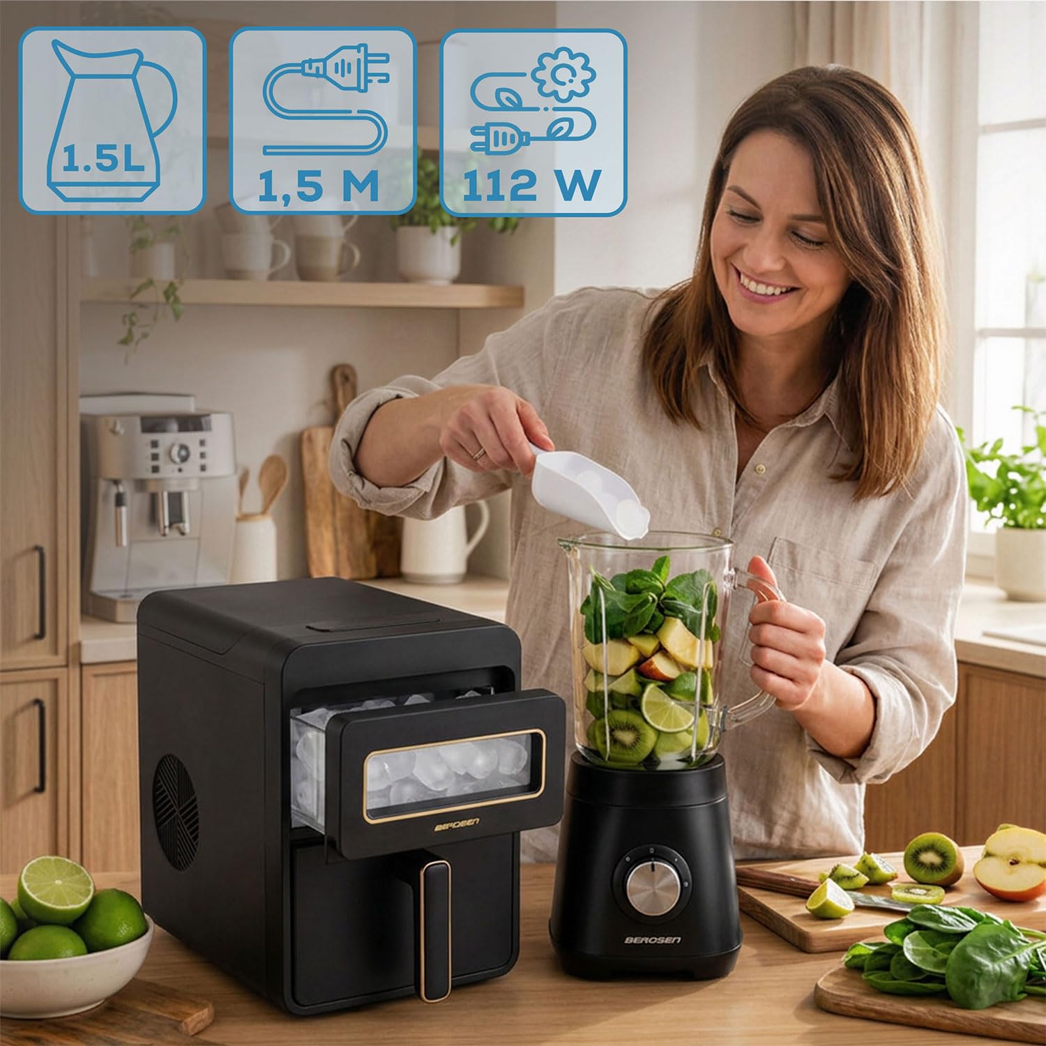 Berdsen Máquina de cubitos de hielo 12 kg/24 h – 9 cubitos de hielo en 6 – 8 minutos – Máquina para cubitos de hielo con 2 tamaños S y L – Compacta para cócteles, bebidas y bebidas – autolimpiante