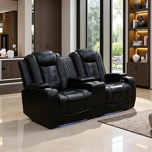 Power Recliner Loveseat Set, Black Leather Reclining Sofa Sectional Couch, 2 Seater Reclining Couches, Living Room Furniture Sets, Reclining Sofa with Cup Holders/Storage Console for House