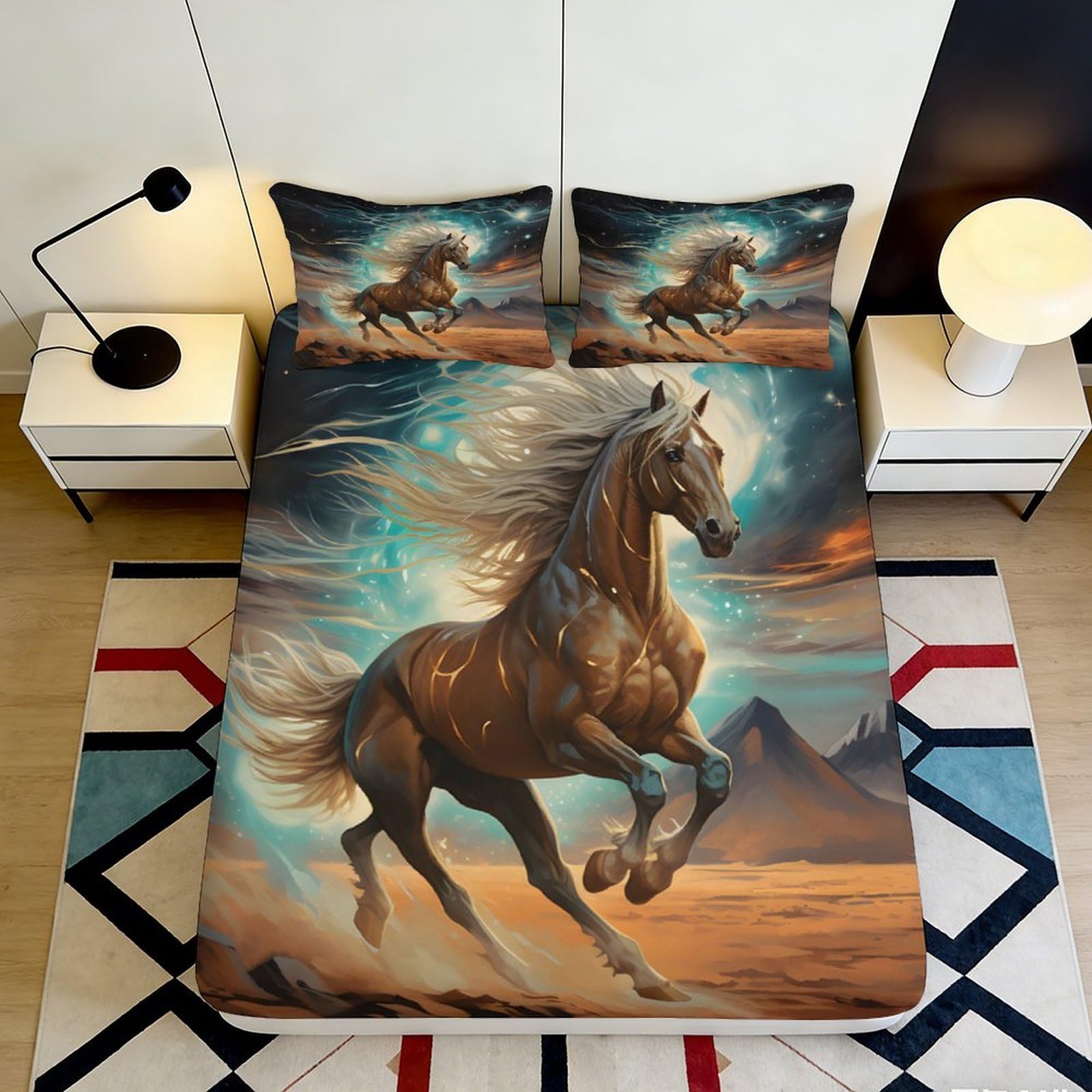 3D Printed Wild Horse Art Fitted Sheet Microfiber Soft Breathable Desert Sunset Bed Cover for Bedroom Dorm Decor 120x200x25cm