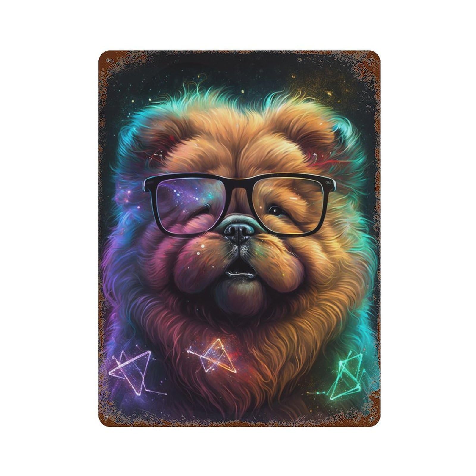 Cosmic Pup Glasses Art Print 15.7"x11.8" Weathered Tin Sign, Shabby Chic Decor for Cafe, Home Bar And Lounge Decor