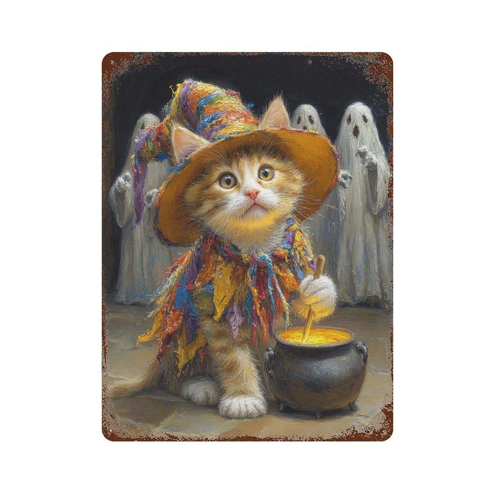 Halloween Witch Cat Cauldron Aged Metal Wall Plaque 15.7"x11.8", for Garage, Bar And Workshop Decor, Farmhouse Wall Decor