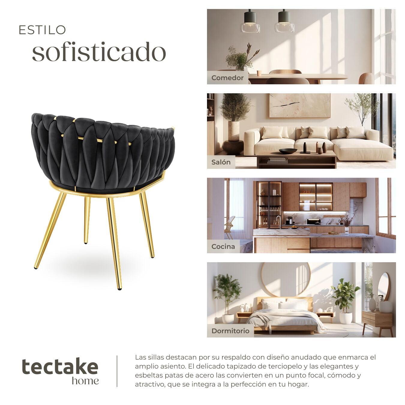 tectake® Juego De Sillas de Comedor, Silla Acolchada con Reposabrazos, Diseño Anudado, Estructura de Acero, Cocina, Sillas Comedor Nordica - 4 Sillas Negro/Oro