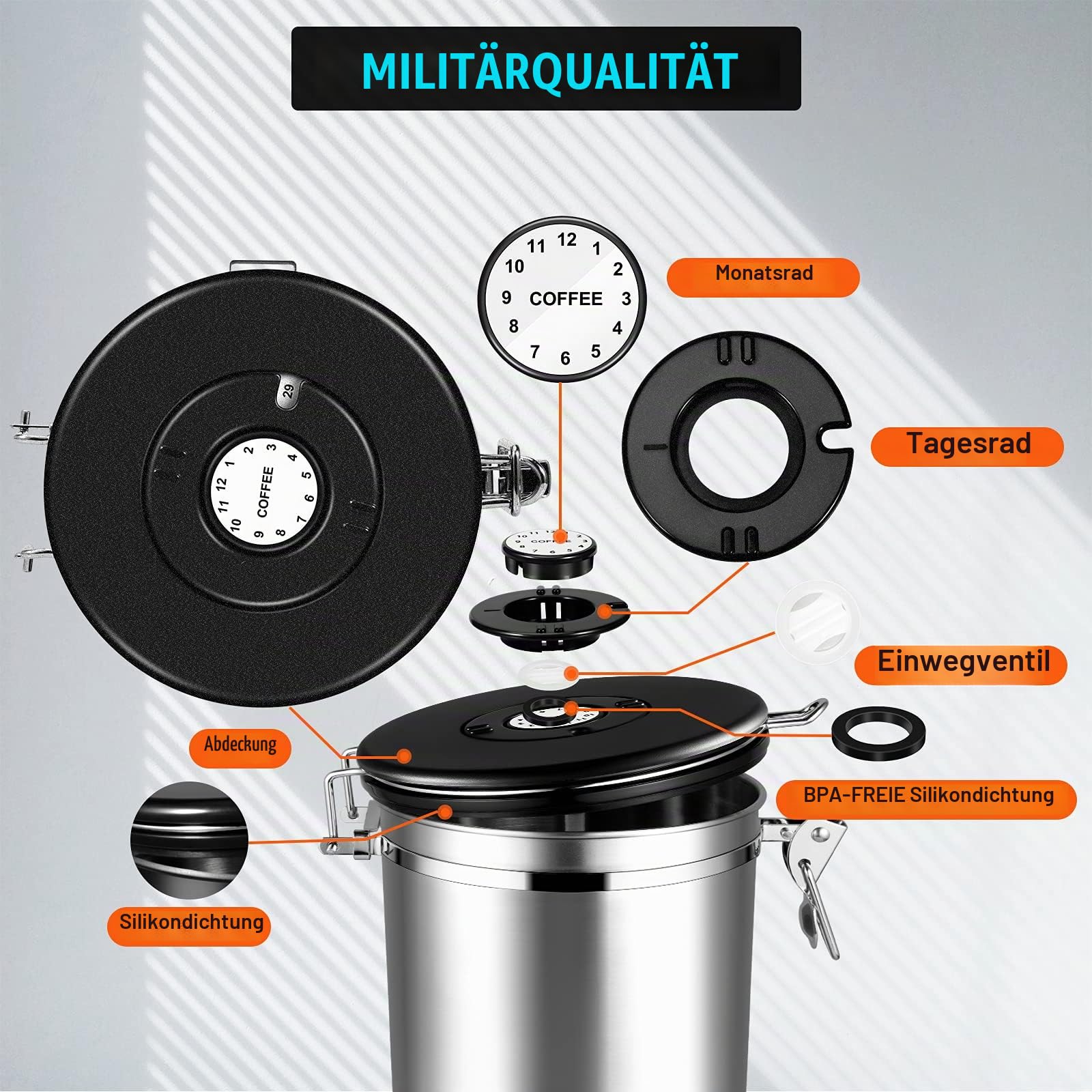 Kaffeedosen Luftdicht 1kg Bohnen, 2800ML Kaffeebohnen behälter Kaffeebehälter Vorratsdosen aus Edelstahl mit Datums-Tracker, 30ML Messschaufel und CO₂-Ventil für Kaffee Kaffeebohne Pulver, Zucker, Tee