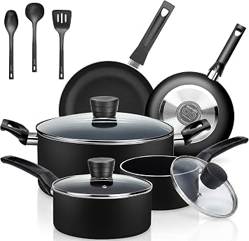 SereneLife Kitchenware Pots & Pans Basic Kitchen Cookware, Black Non-Stick Coating Inside, Heat Resistant Lacquer (11-Piece Set), One Size, Black