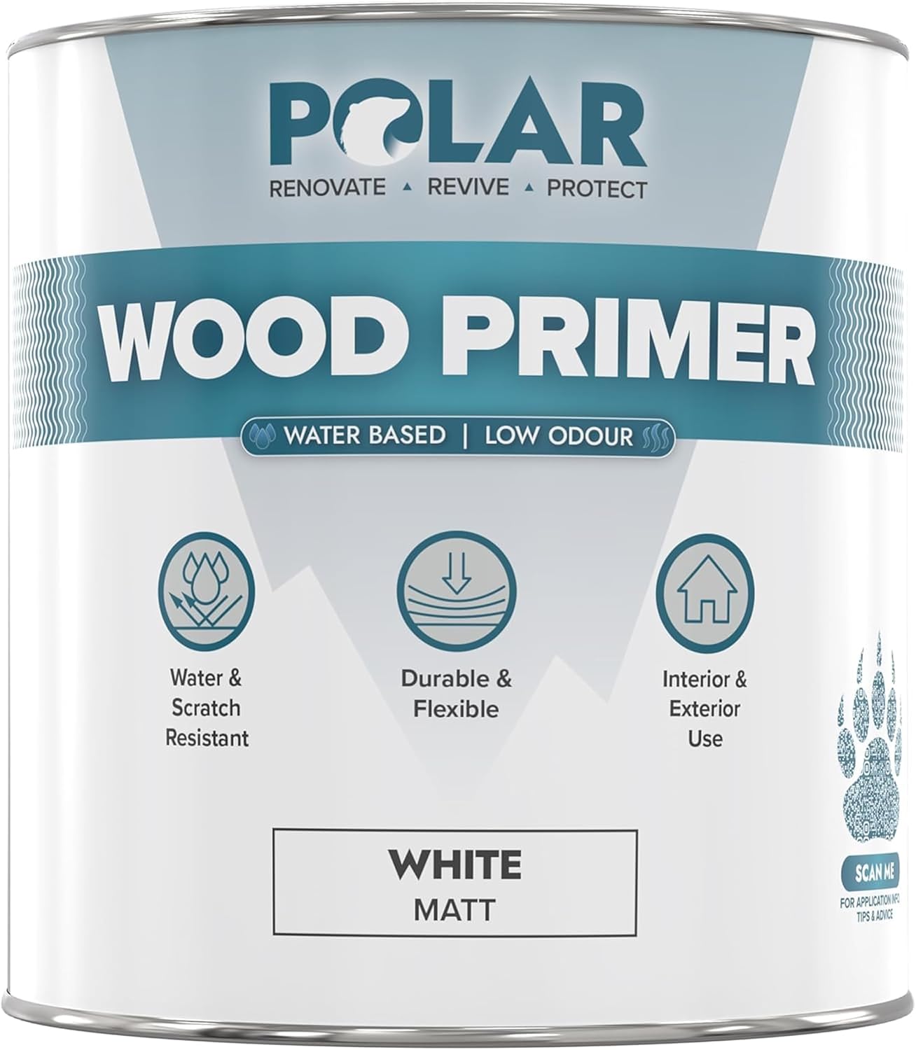 Polar Wood Primer - 84 Fl Oz - Matte White Finish - Water-Based Primer Paint for Interior & Exterior Wood Surfaces & Painted Surfaces - Strong Weather-Resistant Adhesion - Roller & Brush-On