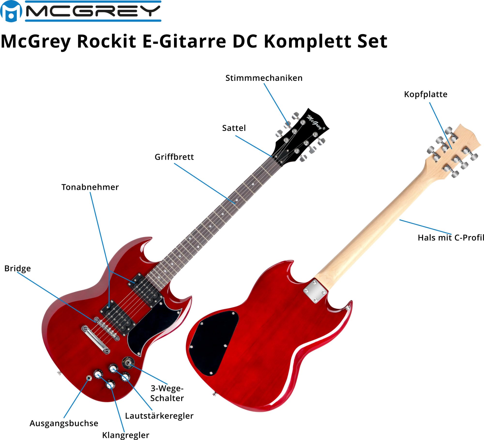McGrey Rockit Double Cut Set Chitarra Elettrica Completo 8 pezzi per principianti: chitarra, amplificatore, corde, custodia, accordatore, plettro, tracolla e cavo Cherry Red.