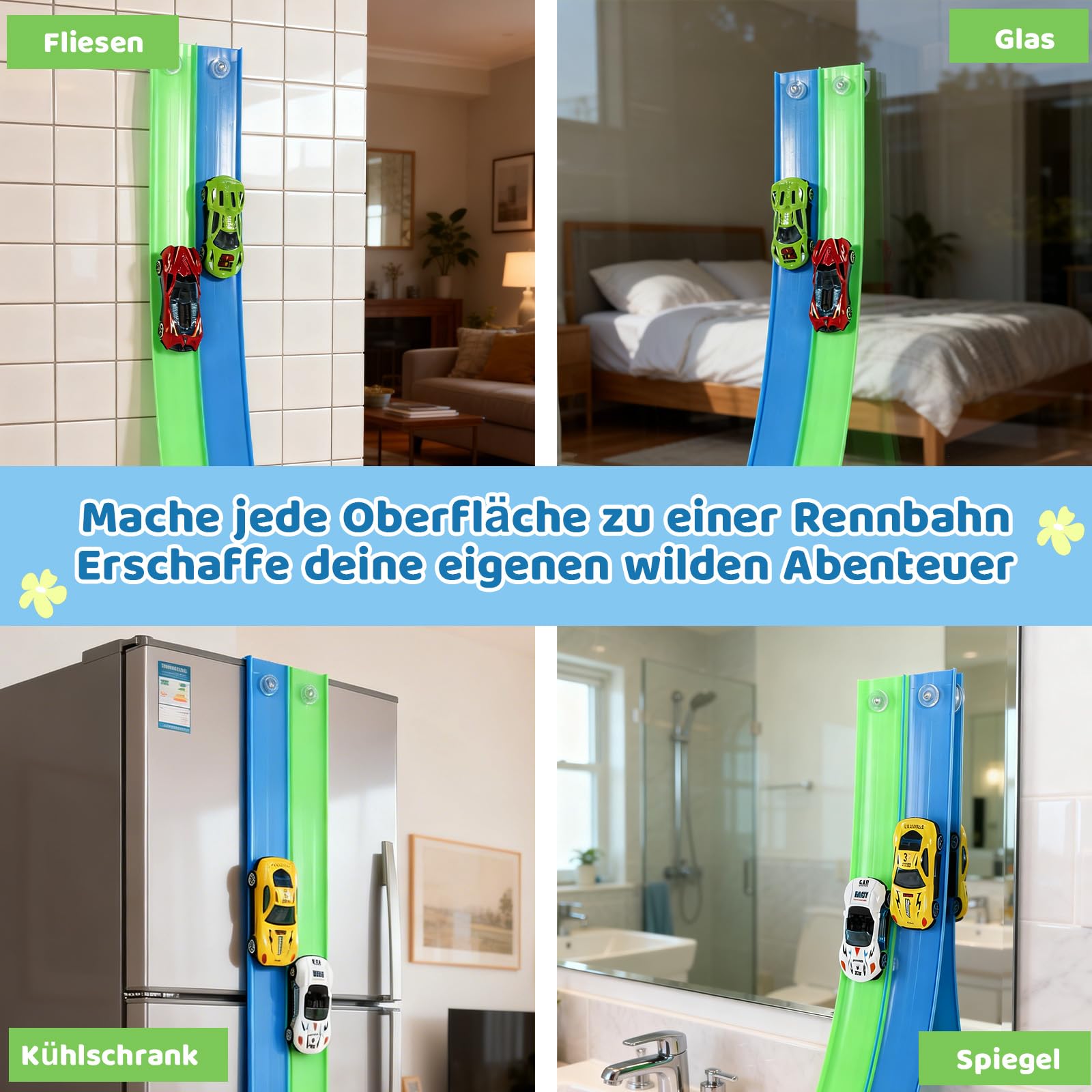 Flexible Autorennbahn Kinder 4.5M, Doppelspur Rennstrecke Tragbare Rennbahn mit 4 Autos,Rennwagen Auto Rennspiel Spielzeug Indoor Outdoor,Geschenke für Jungen Mädchen ab 3 Jahren (Blau&Grün)