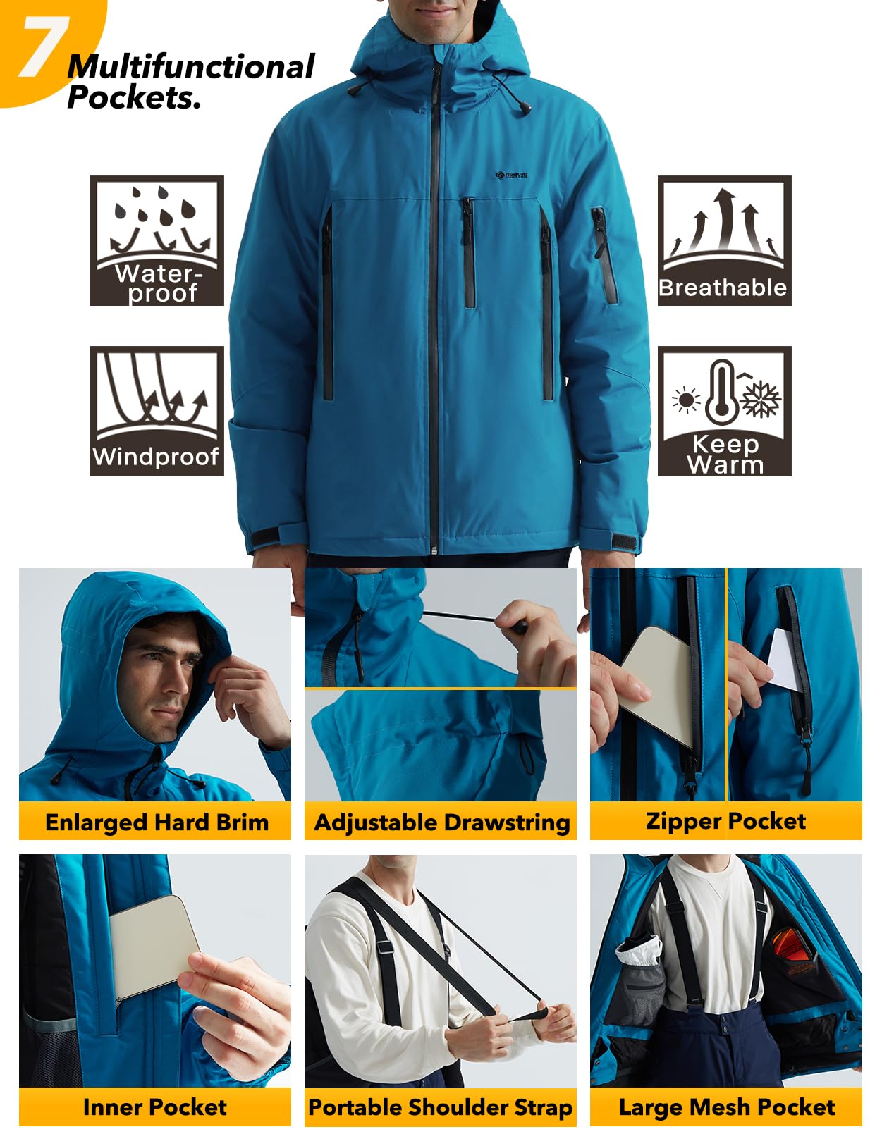 GEMYSE Veste de Ski Homme Chaude Imperméable Coupe-Vent Manteau avec Capuche Idéale pour la Montagne et la Randonnée en Hiver