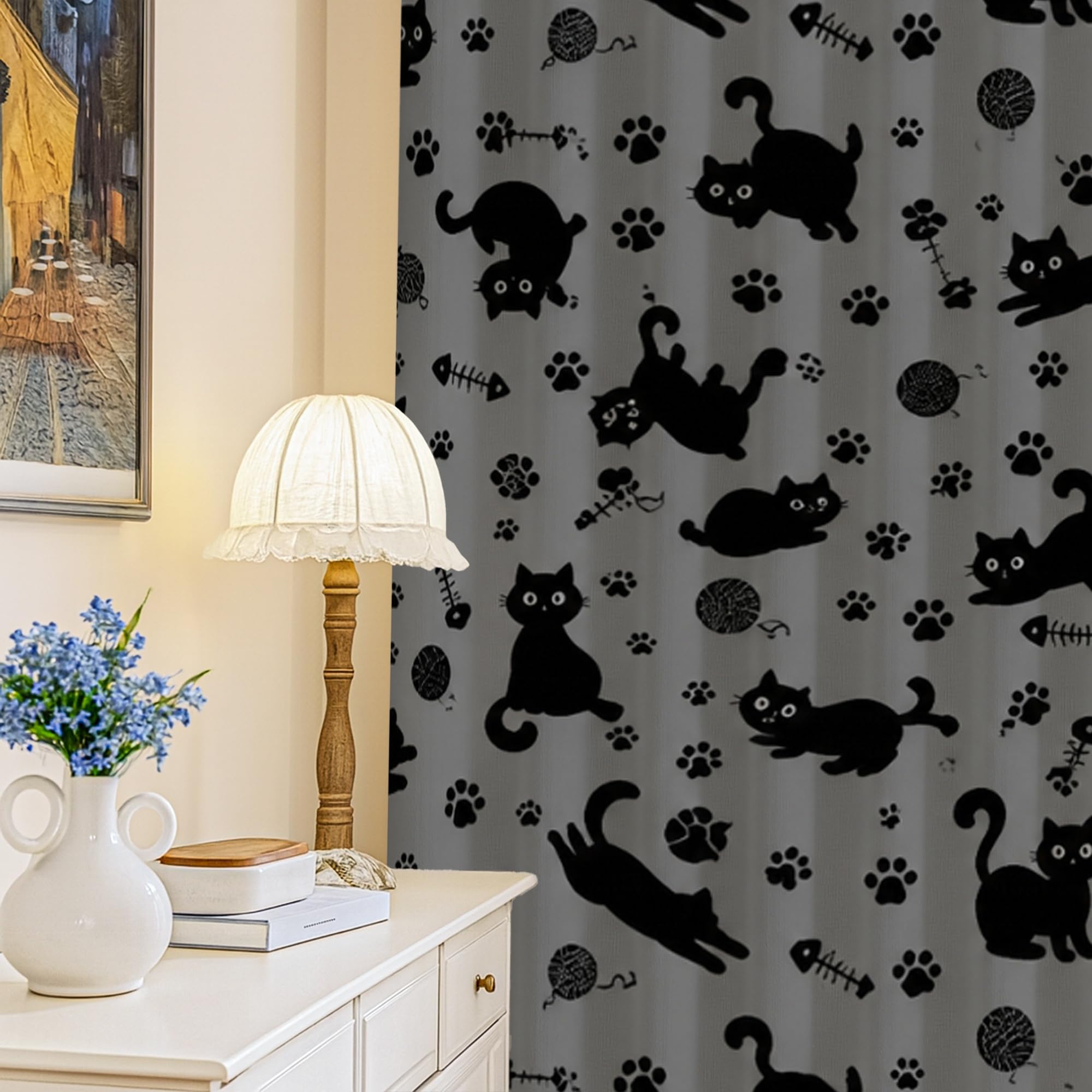 Rideaux occultants thermiques gris à motif chat pour dormir au calme