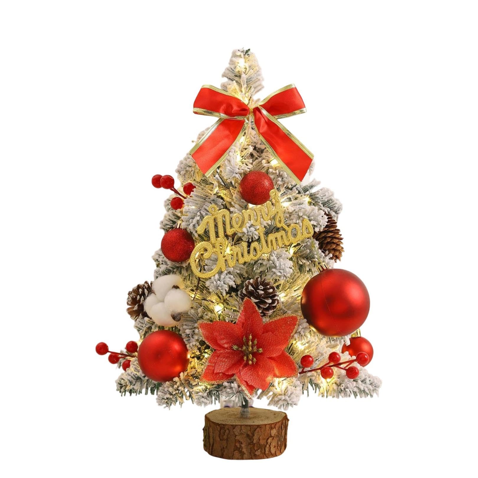 Mini sapin de Noël floqué avec lumières, petit sapin de Noël de table de 45 cm avec ornements, arbre de Noël de table fait main pour décoration de sapin de Noël (rouge)