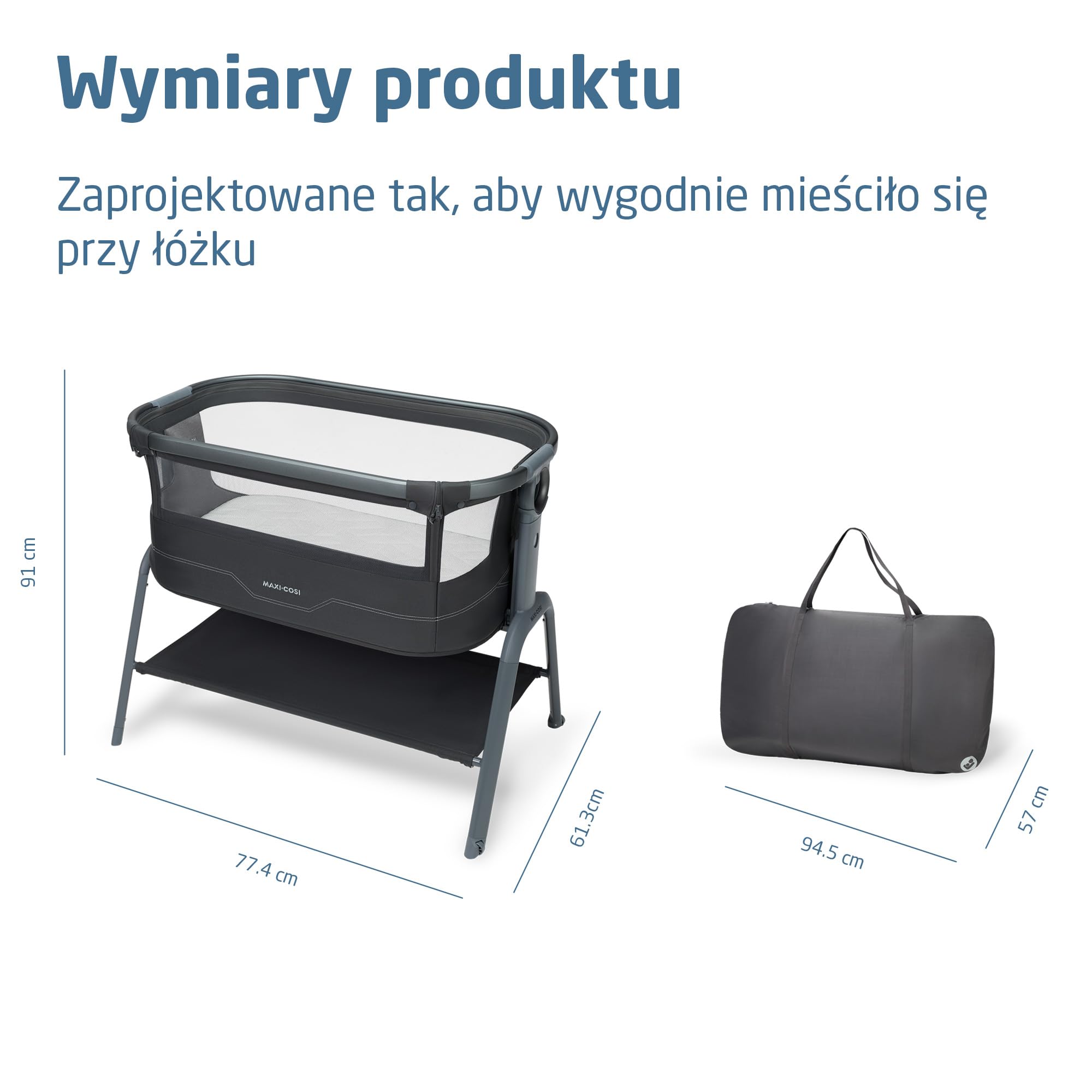 Maxi Cosi Iora² Dostawka do Łóżka, 0–6 Miesięcy (9 kg), Składane Lekkie Łóżeczko Dostawne, Materac CloudCore o Grubości 5 cm, 5 Wysokości, 2 Kółka, Łatwe Przesuwanie, Elegance Graphite