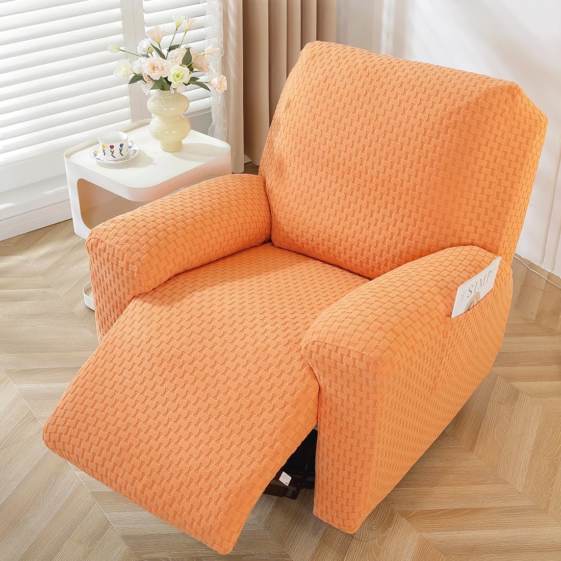 vctops 4 Pieces Jacquard Plush Recliner Slipcovers Stretch Soft Sofa Couch Cover Anti-Slip Solid Color Furniture Protector with Elastic Bottom for Kids Cats Dogs (Orange,1 Seat)
