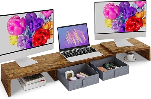 Miniatura 1 de TEAMIX Soporte elevador de monitor doble, soporte de monitor blanco ajustable de longitud y ángulo con 2 cajones para almacenar gran elevador de