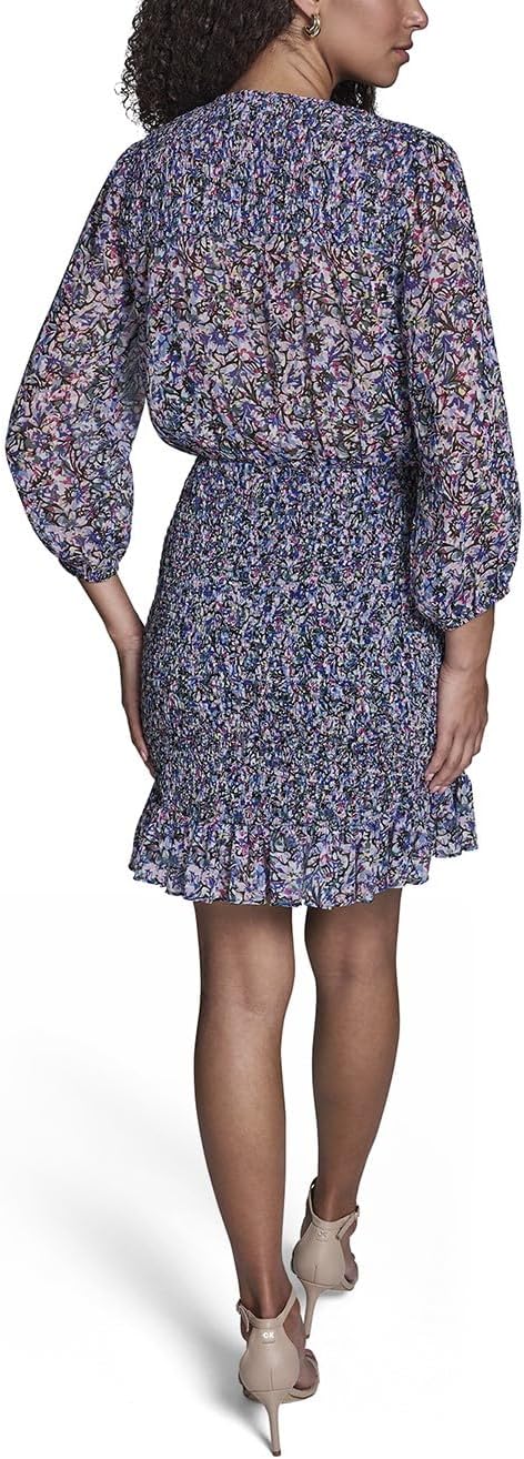 BCBG Womens Long Sleeve V Neck Smocked Chiffon Ruffle Hem Mini Dress - Image 4
