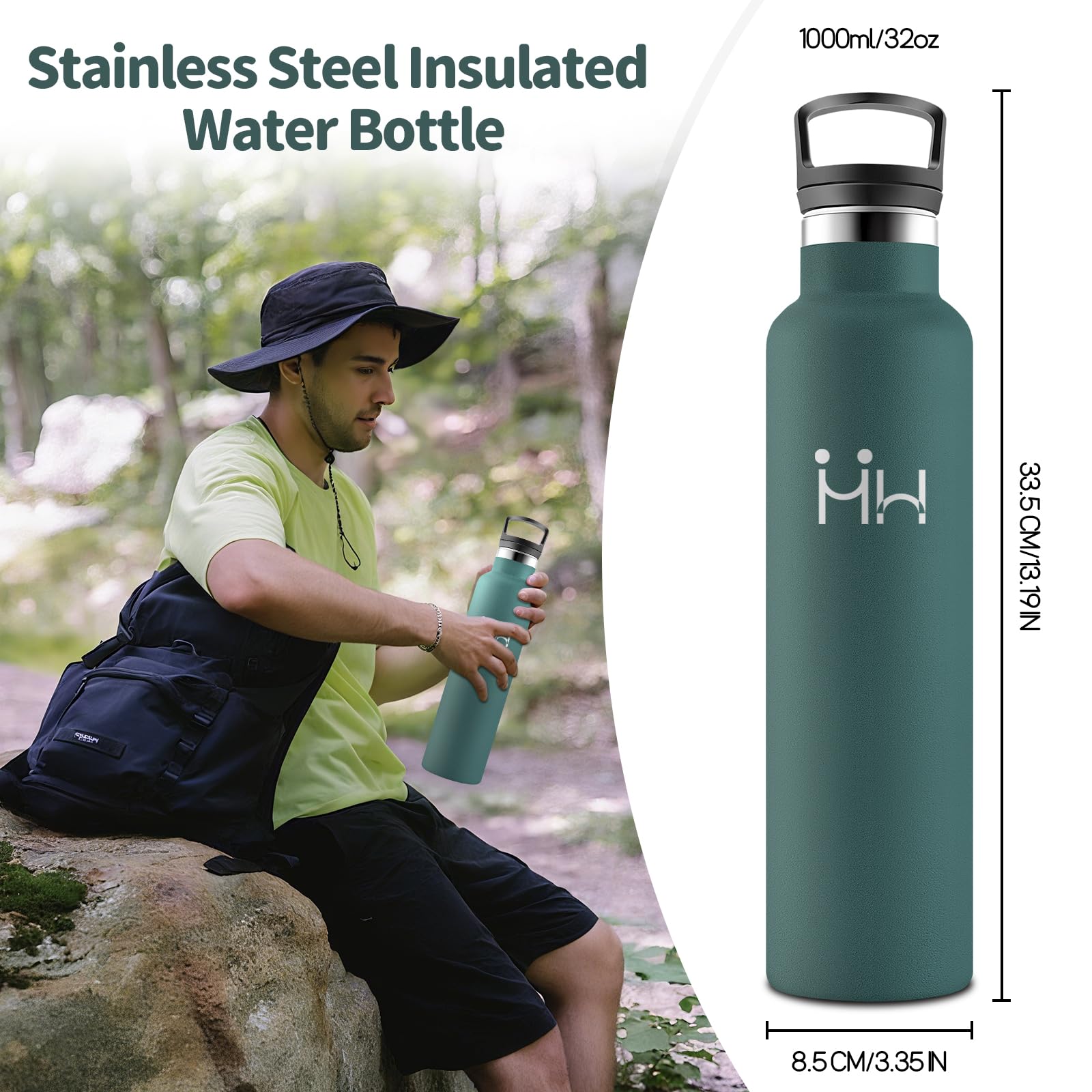 HoneyHolly Borraccia 1 Litro, Senza BPA, Bottiglia Termica, Sottovuoto a Doppia Parete, Borracce Termiche, 18/8 Acciaio Inox, Borraccia Termica con Cannuccia, Termos per Palestra, Sport, Bici